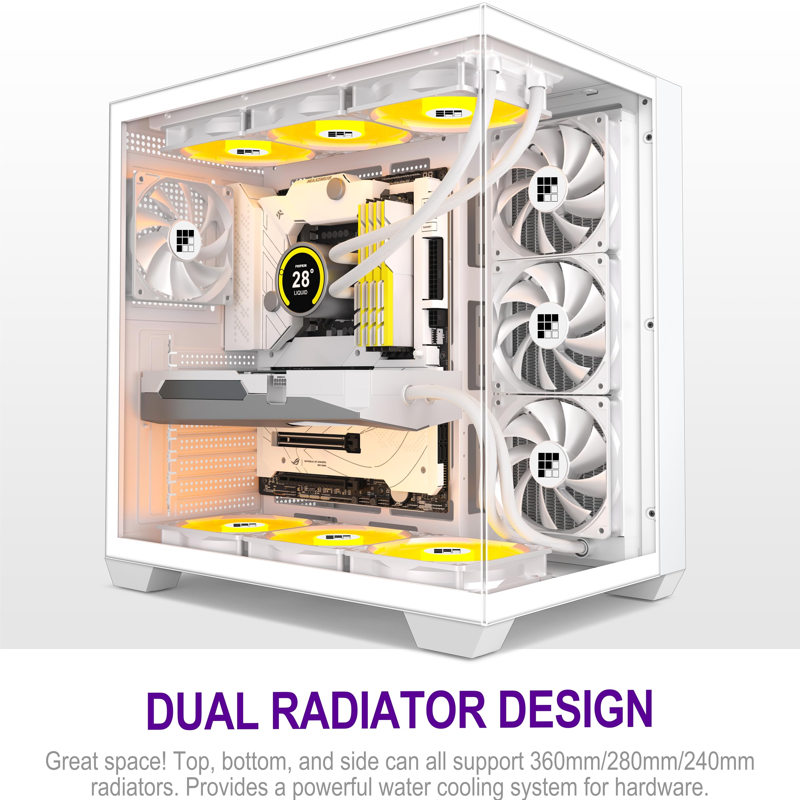 F300 PC Case - Pre-Installed 4 No RGB Fan, ATX Mid-Tower Gaming PC Case, 270° Panoramic Glass with Type-C, FOIFKIN (White)