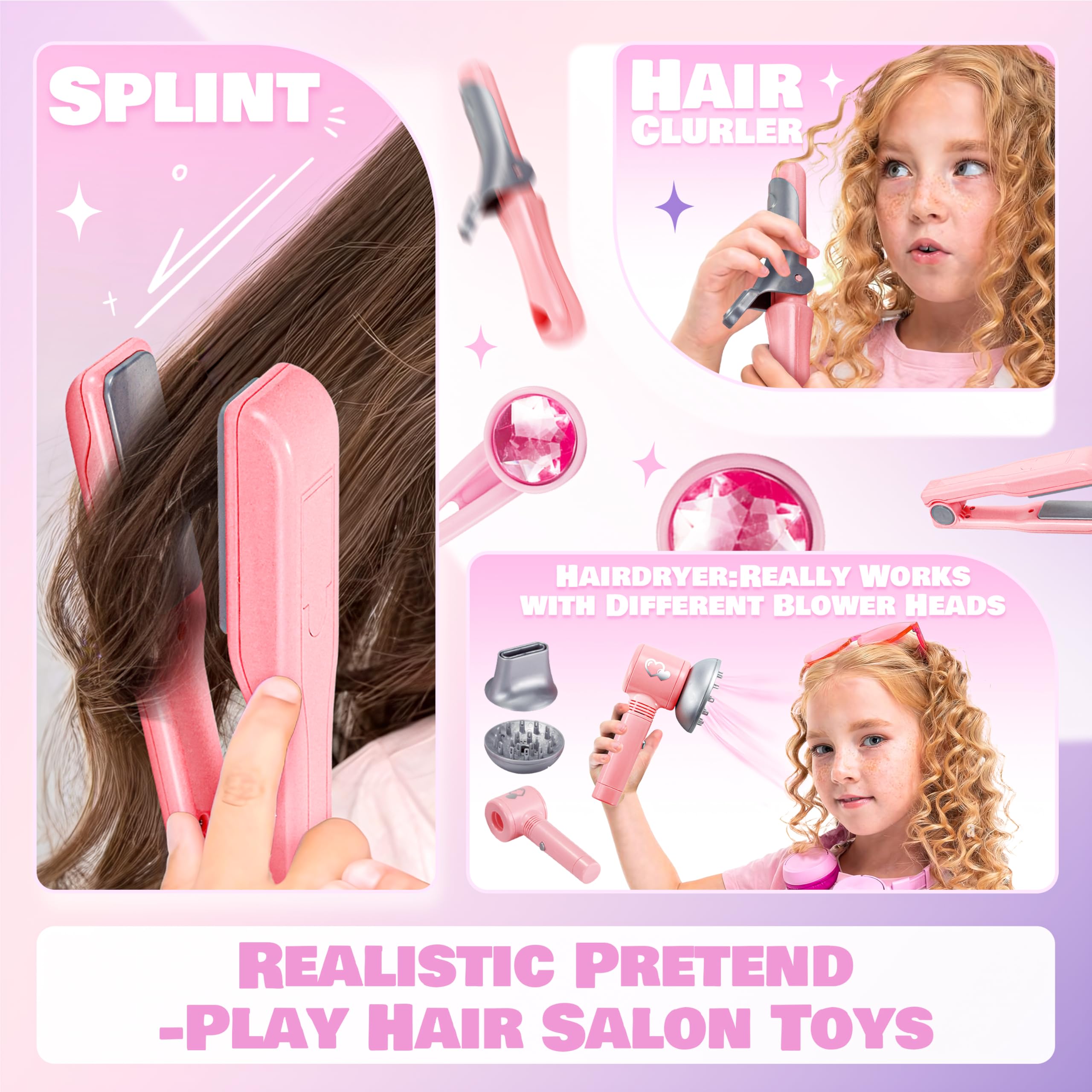 Toy Choi's Children's Pretend Play Hair Styling Salon Set with Hair Dryer, 10pcs Pink Princess Hairdressing Kit | Detachable Styling Tools & Storage Case | Kids Makeup Cosmetics Playset for Girls