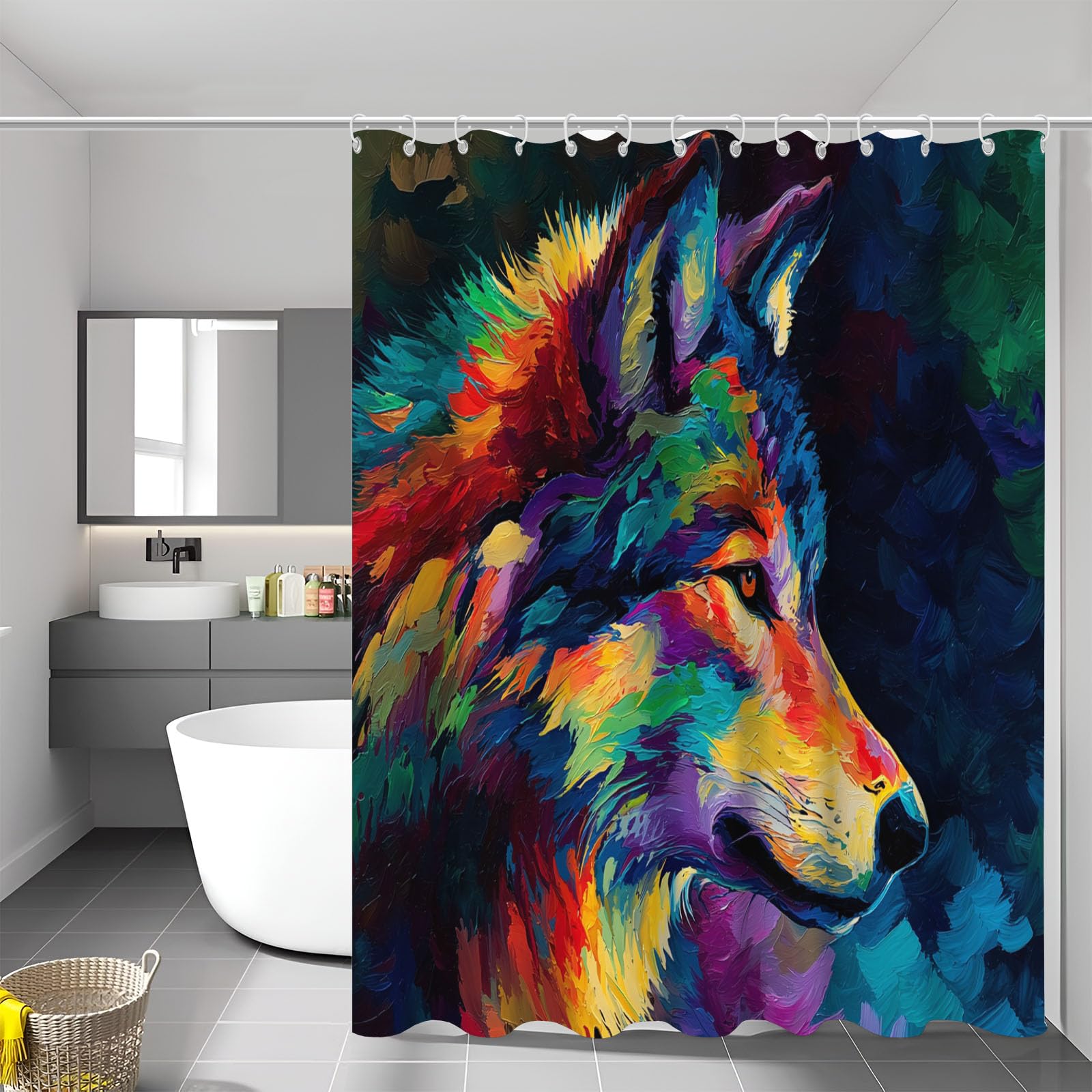 Wasserdichter Duschvorhang Polyester mit Gekritzel Wilder Tiere Abstrakter Wolf, Badewanne Badezimmer Vorhang 240x200cm, Waschbar Einfach zu Reinigen, Dunkelblau Duschvorhänge mit 12 Haken