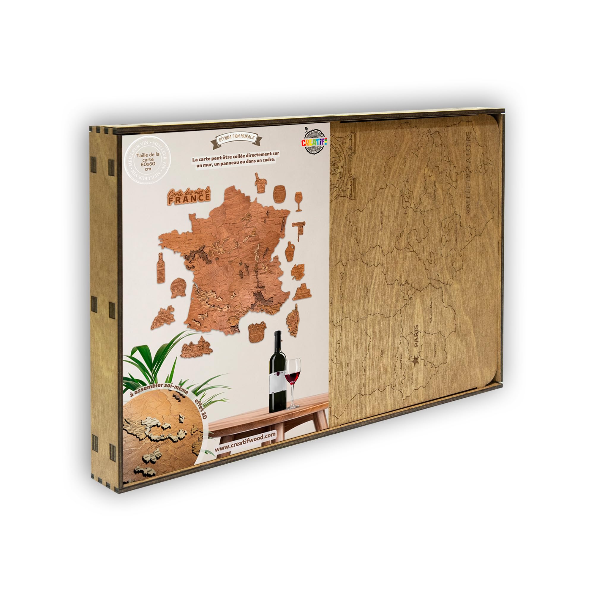 Creatifwood Carte des vins de France et des régions viticoles en bois décoration murale - effet 3D unique