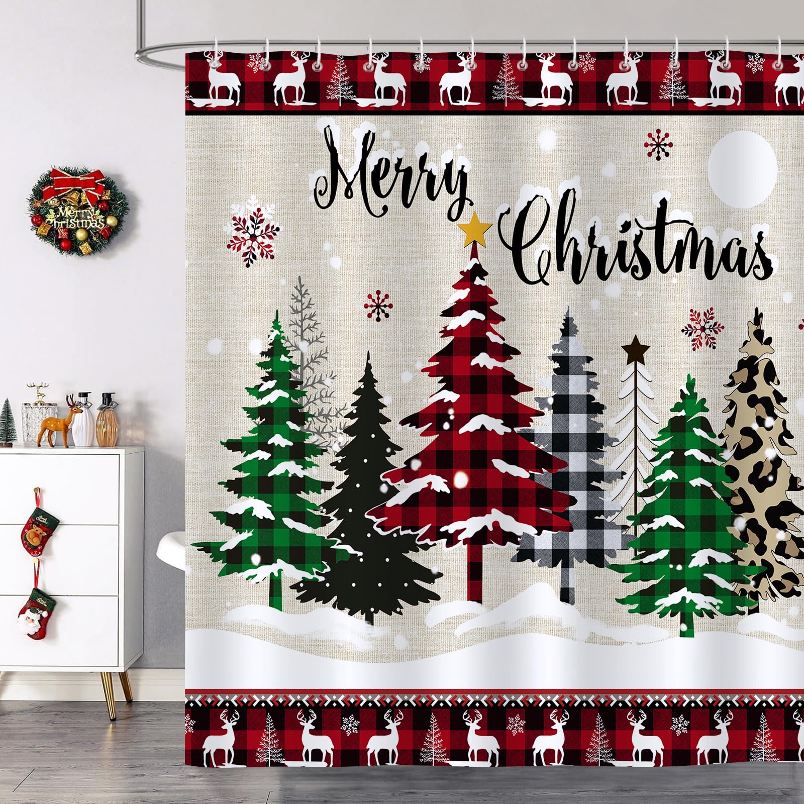 Christmas Gnomes Shower Curtain - Waterproof Holiday Bathroom Decor With Buffalo Check, 72x72 Inch