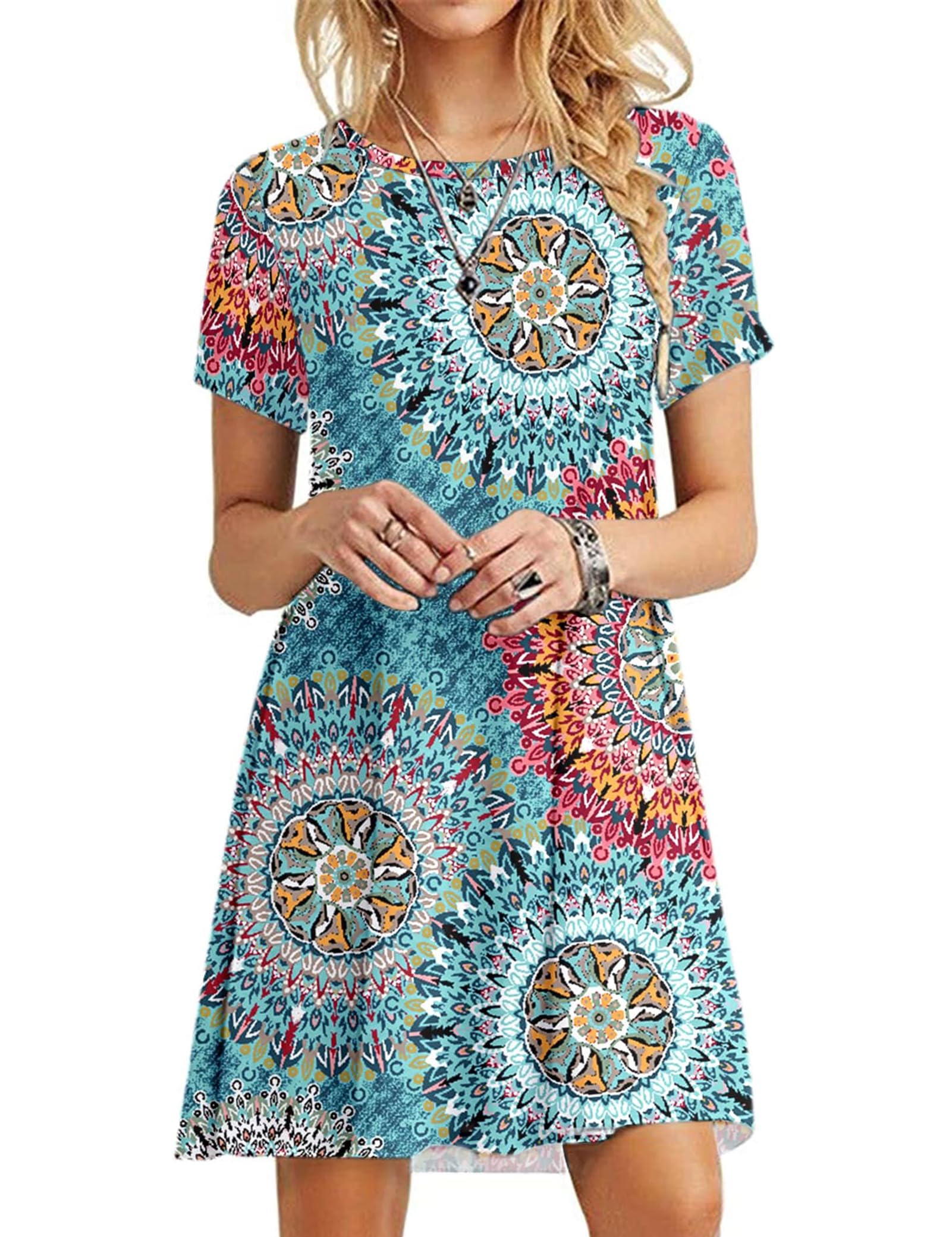 Molerani Women's Print Green Summer Dresses For Uk Casual T-Shirt Dress Short Sleeve Beach Dress (L, )