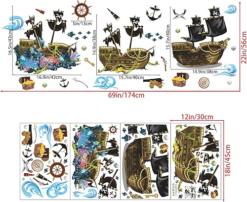 Miniatura 2 de Calcomanías de pared de barco pirata 3D, calcomanías de pared de naufragio, tema submarino, bricolaje, naufragio, pez, joyería, algas marinas,