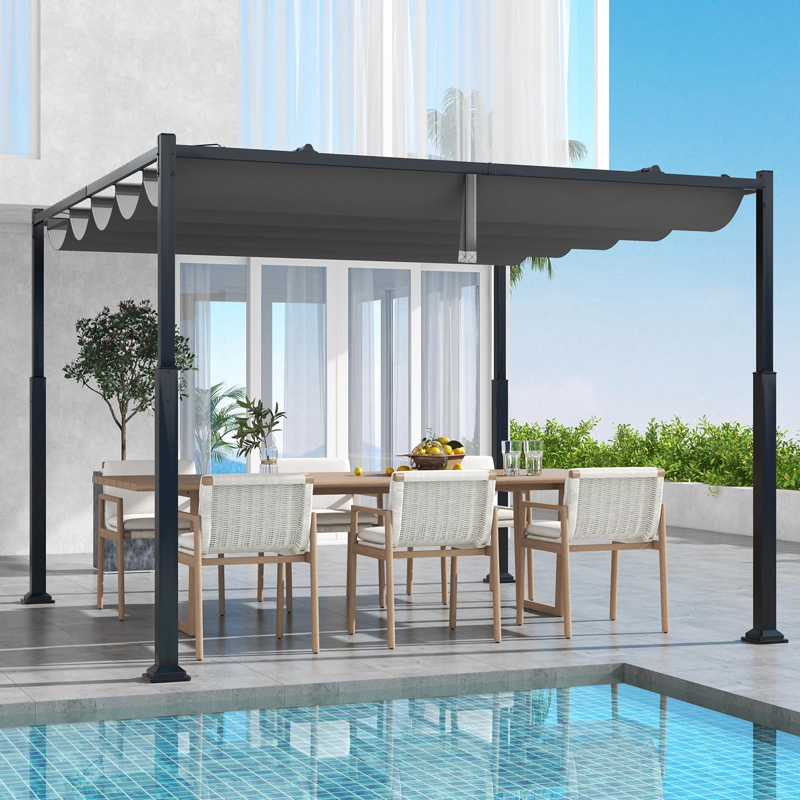 COSTWAY Pergola d'Extérieur Rétractable Coulissante 3x3m, Tonnelle de Jardin Abri Structure Métal Robustes Pavillon Moderne Pare-Soleil, pour Jardin, Patio, Cour, Terrasse (Gris)