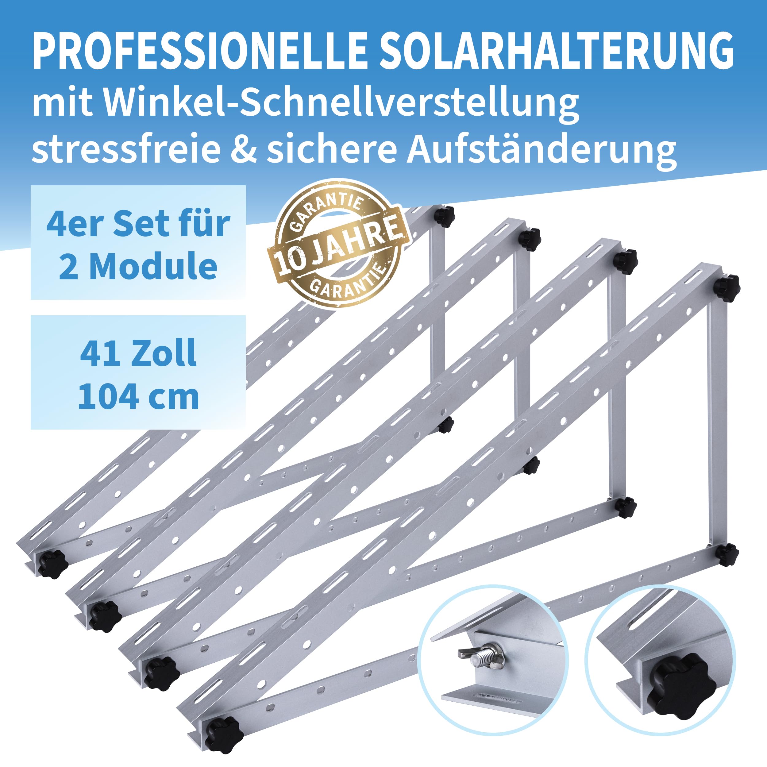 Solarmodul Halterung Alu 104 cm 41“ 4er Set 2 Paar - 0-90° Winkel einstellbar Montage & Befestigungs Set für Flachdach Aufständerung Balkonkraftwerk Solarpanel auf Balkon Garage Wand