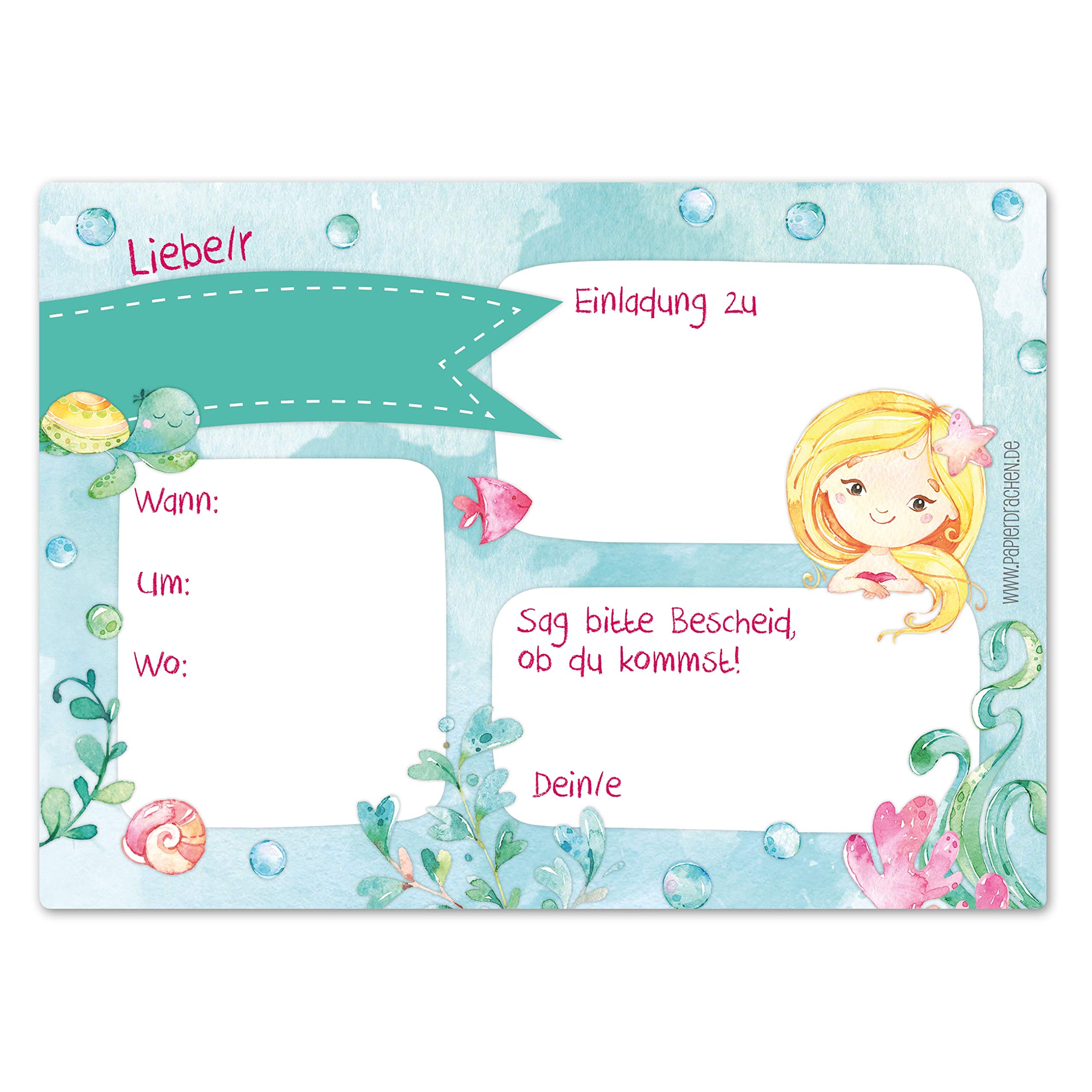 Minkocards 12 biglietti d'invito per il quinto compleanno dei bambini, 5° compleanno, ragazza, sirena, inviti di compleanno per bambini, inviti di compleanno colorati