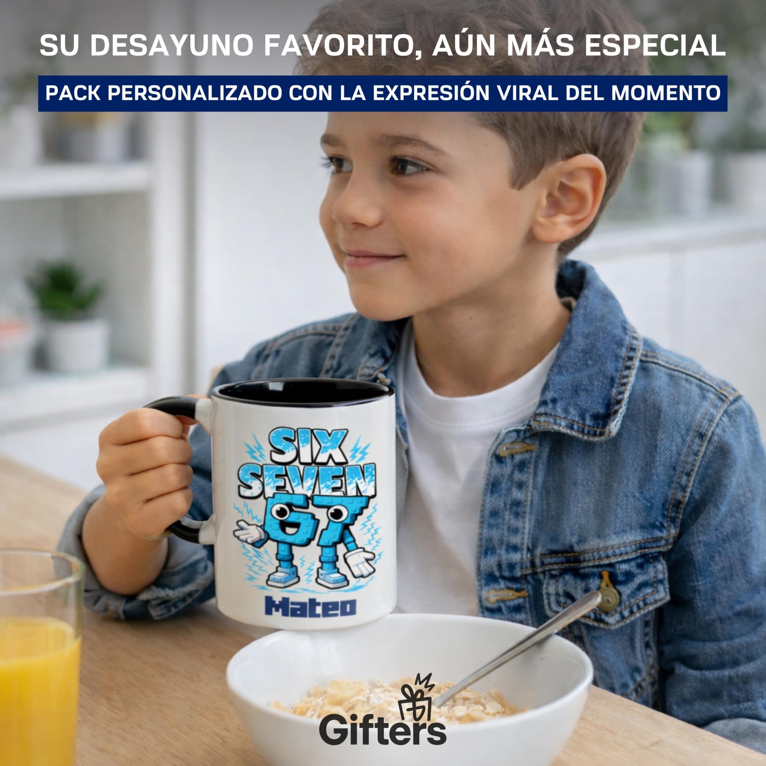 Gifters | Pack Regalo Personalizado Niño SIX SEVEN | Mochila de Cuerdas + Termo + Taza con Nombre | Kit Escolar Infantil | Regalo Original Niño, Cumpleaños, Navidad y Comunión | Pack Vuelta al Cole