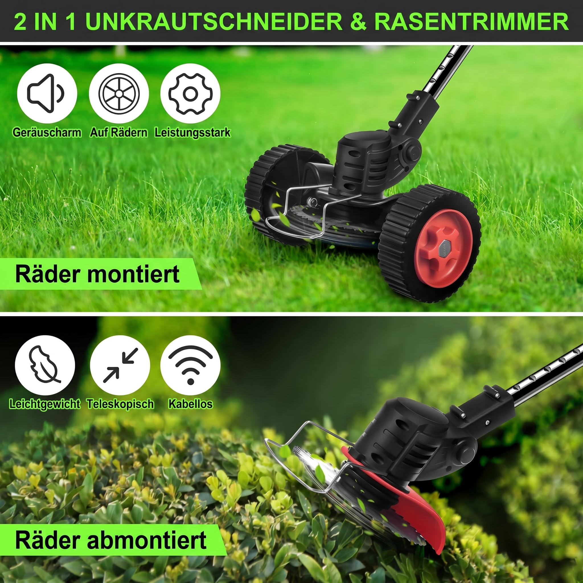 Akku Rasentrimmer mit Rädern, 3-in-1 Freischneider & Rasenkantenschneider | 24 V Akku-Rasenmäher , 2 Akkus und Ladegerät, 2x 2,0 Ah Akkus, klappbarer Führungsholm