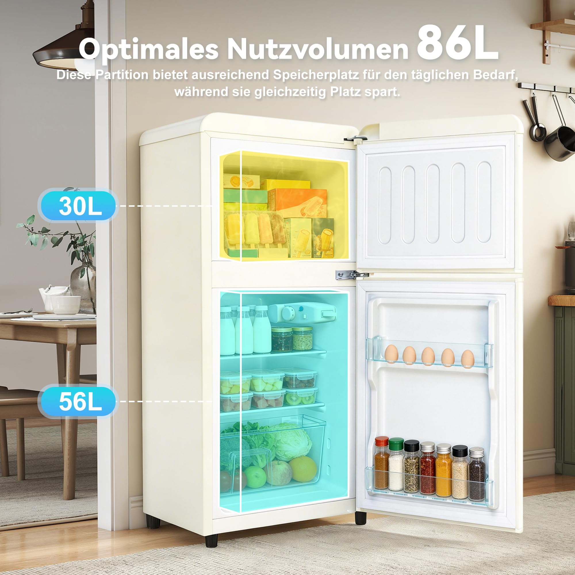 Sweiko Réfrigérateur à deux portes (86 litres), compartiment réfrigérateur 56 litres + compartiment congélateur 30 litres, 7 niveaux de réglage de la température, classe énergétique E (Off White)
