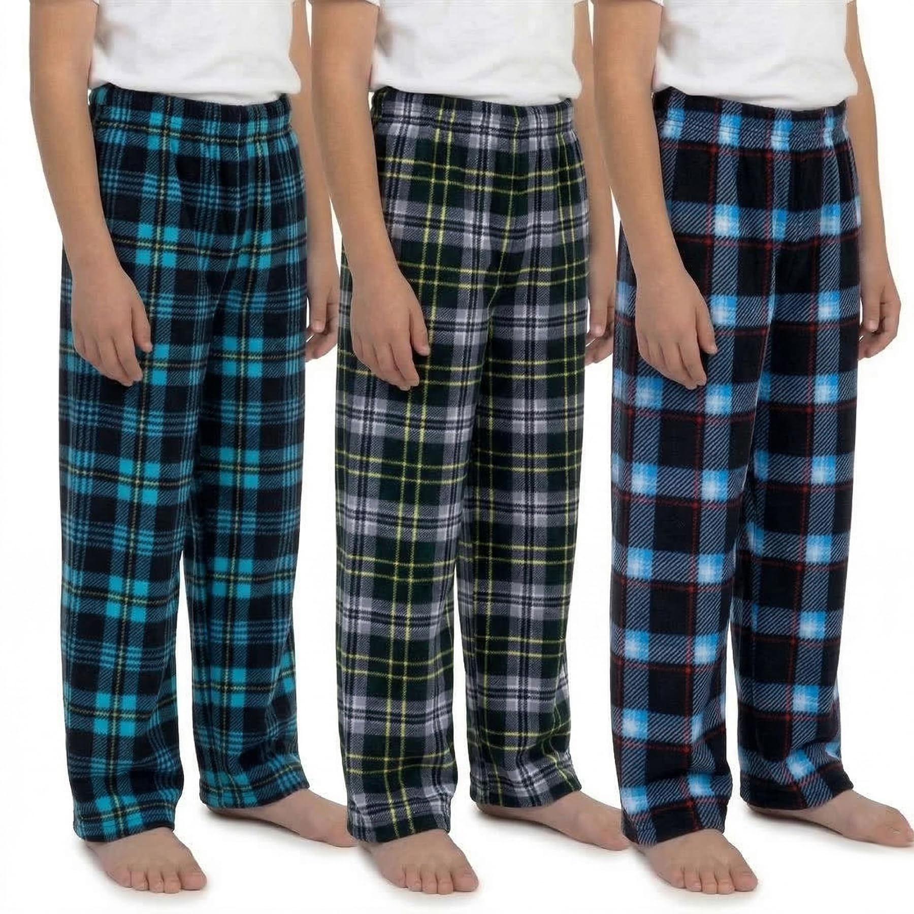 Mad Dog Concepts Boys Pajama Pants - Soft Micro Fleece PJ Bottoms for Kids Printed Plaid Design Boy's Sleepwear Size 6–20 3PK 14-16 Black Blue Teal