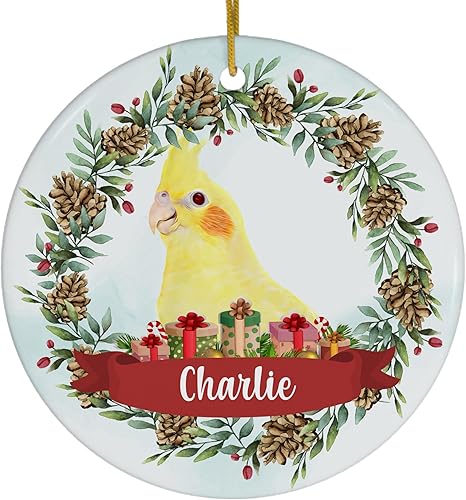 Diseño temático de piñas con cacatúa amarilla, adorno de Navidad con nombre personalizado, círculo, blanco, cerámica, regalos para dueños de mascotas