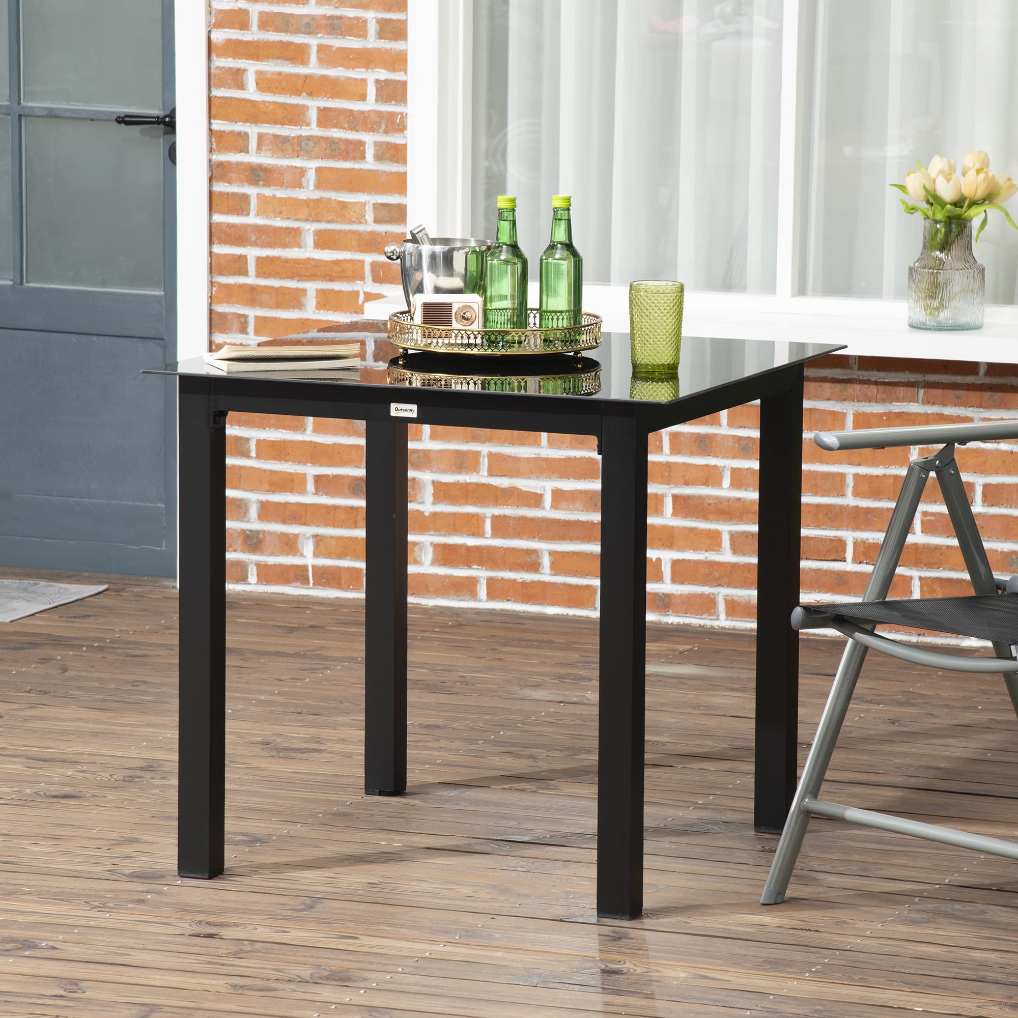 Outsunny Gartentisch, Balkontisch Hartglasplatte, 80 x 80 x 74 cm, Schwarz | Quadratischer Esstisch für Garten, Für 4 Personen, Terrassentisch, Alu