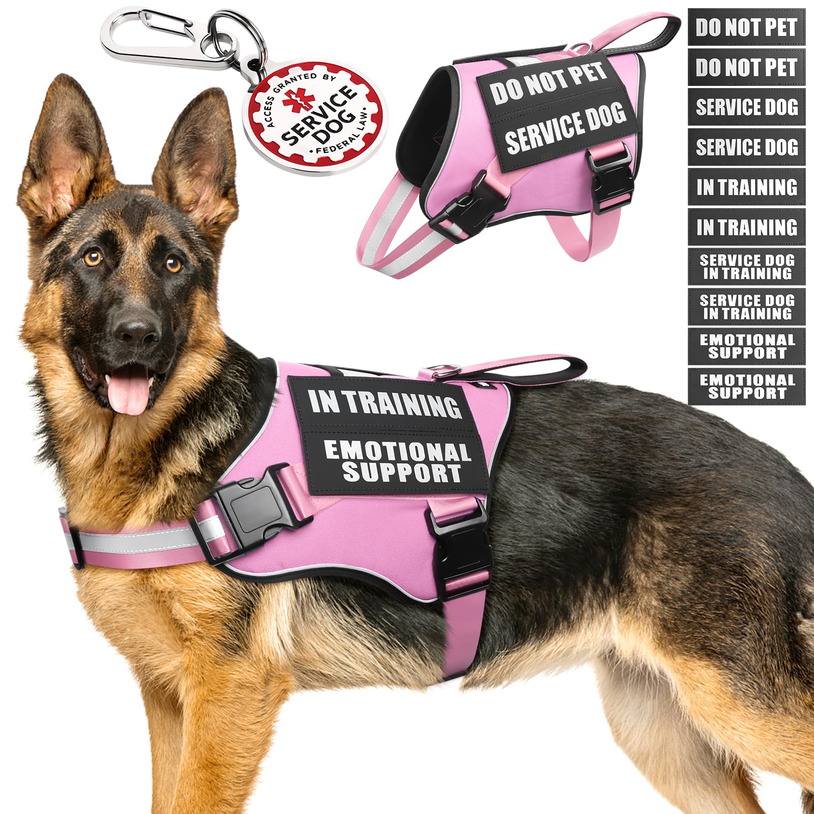 MOOGROU Service Dog Vest Harness+ID Tag+10 Patches,Metal Serivce Dog Tag&Reflective Emotional Support Dog Vest with Handle for Large Dogs,Easy Put On/