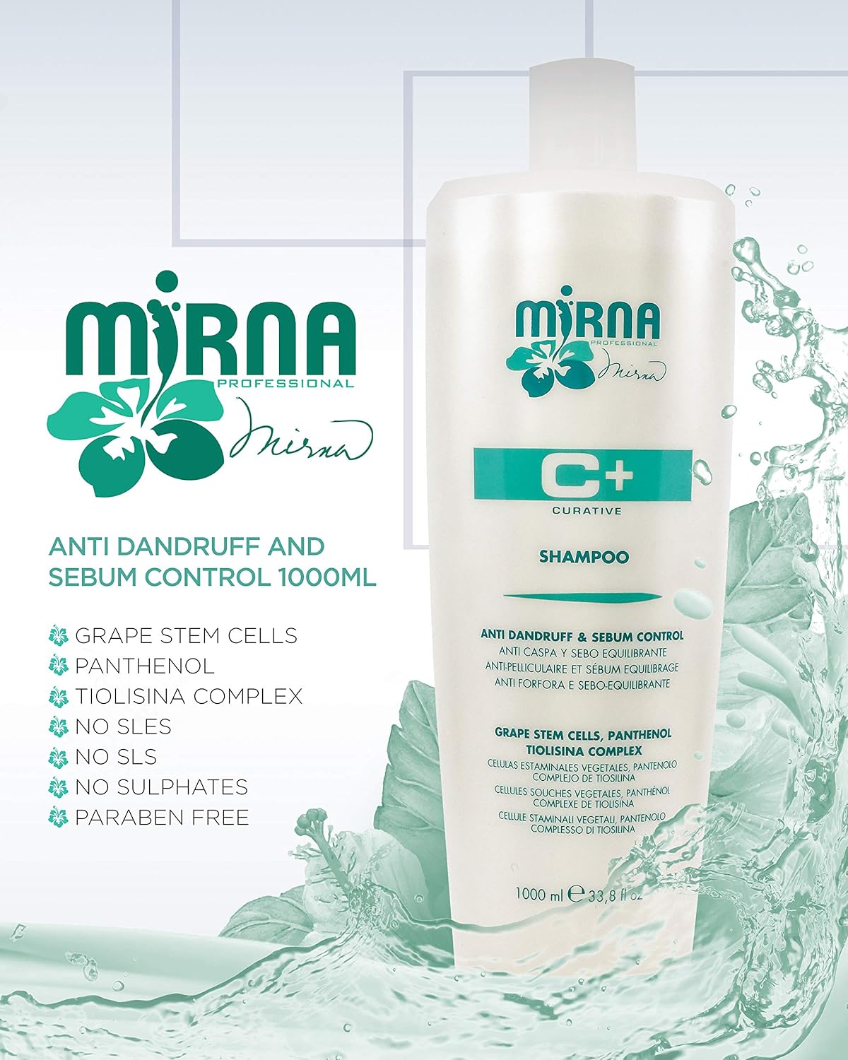 Mirna Professional Anti Dandruff and Grease Control Shampoo. Made with Grape Stem Cells, Tiosilina Complex and Wheat Hydrolyzed Proteins for daily use on oily scalp and hair 1000ml / 33.8oz