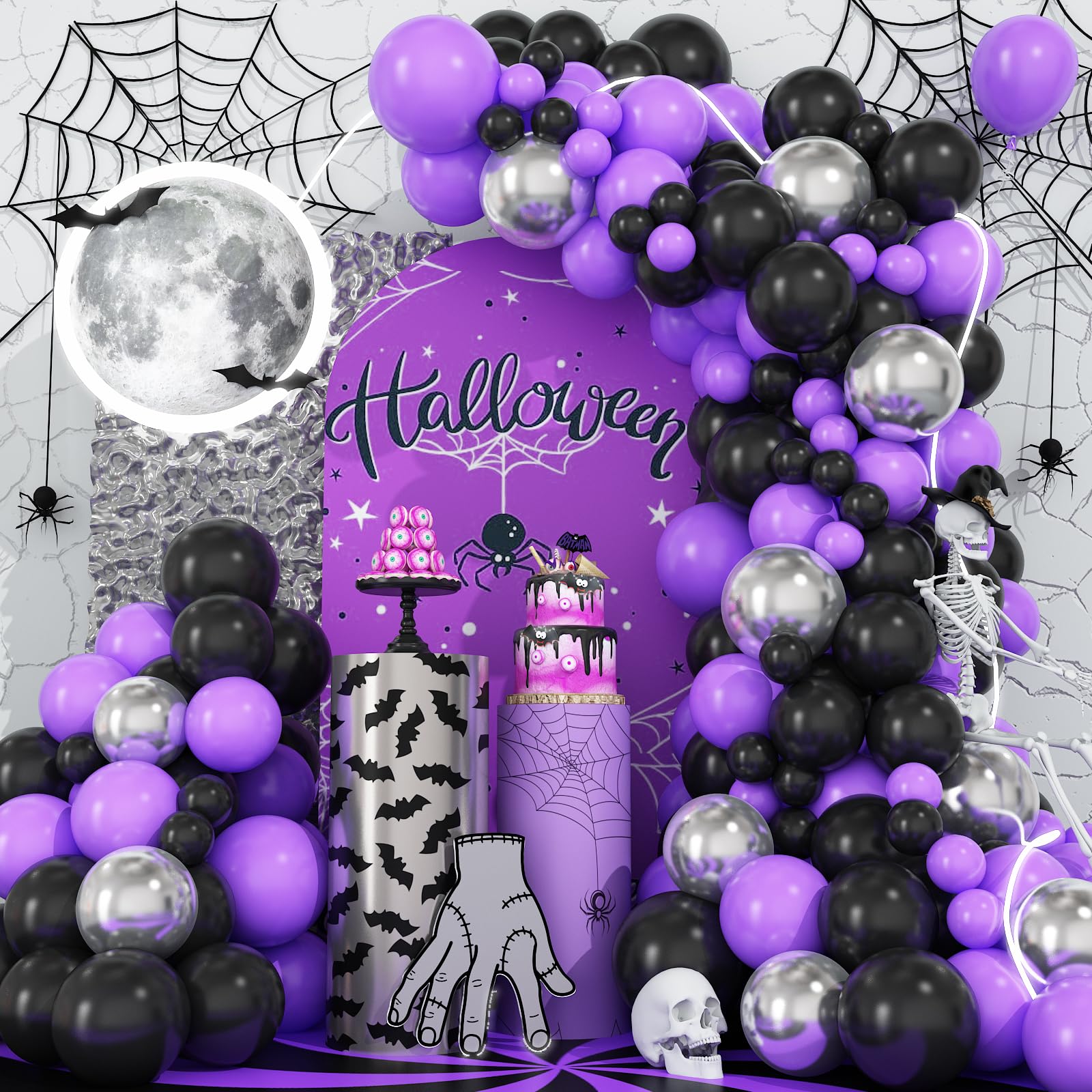Halloween Balloon Arch Garland Kit, Black Purple Silver Metallic Latex Balloons Garland Kit for Kids Halloween Theme Birthday Trick or Treat Graduation Wedding Party Decorations Supplies