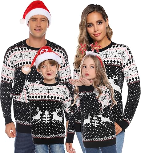 Totatuit Suéter de Navidad a juego para la familia, cuello redondo, reno, copos de nieve, suéter de punto feo para hombres y mujeres