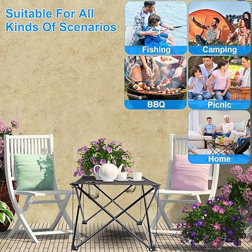 Miniatura 7 de Mesa auxiliar plegable para campamento, mesa de campamento portátil para exteriores con 2 portavasos y bolsa de transporte, marco de acero, tela