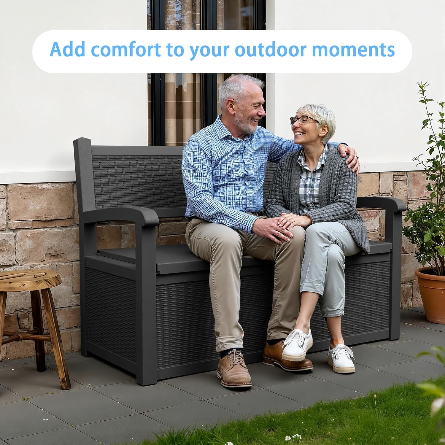 Pepe Tee 51" Wicker-Look Outdoor Storage Bench, Resin Deck Box with Backrest and Armrests, All-Weather Seating, Black