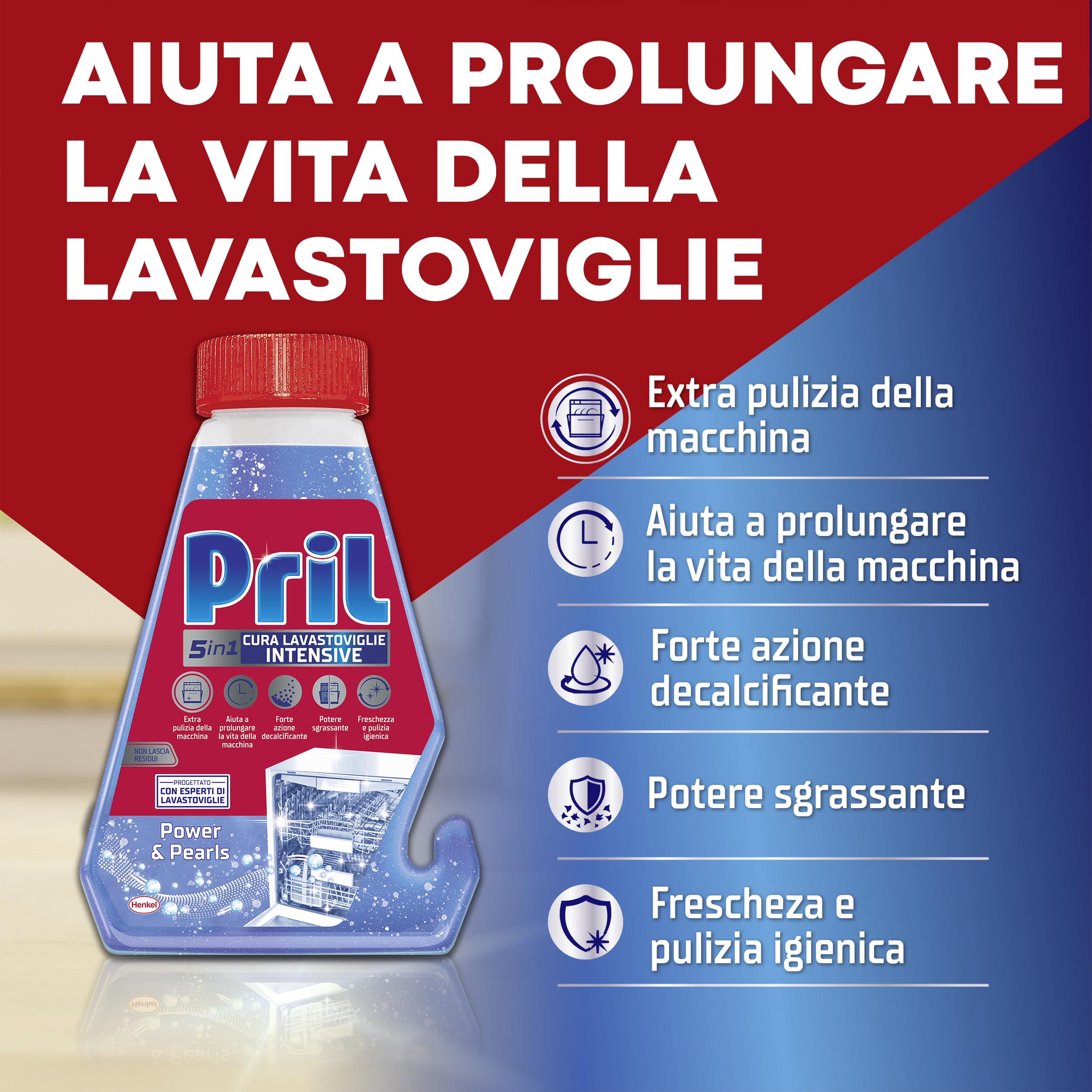 Pril 5in1 Cura Lavastoviglie Intensive (8 confezioni da 250 ml), Detergente per Lavastoviglie con Power & Pearls, Decalcificante e Liquido per una Pulizia Profonda della lavastoviglie