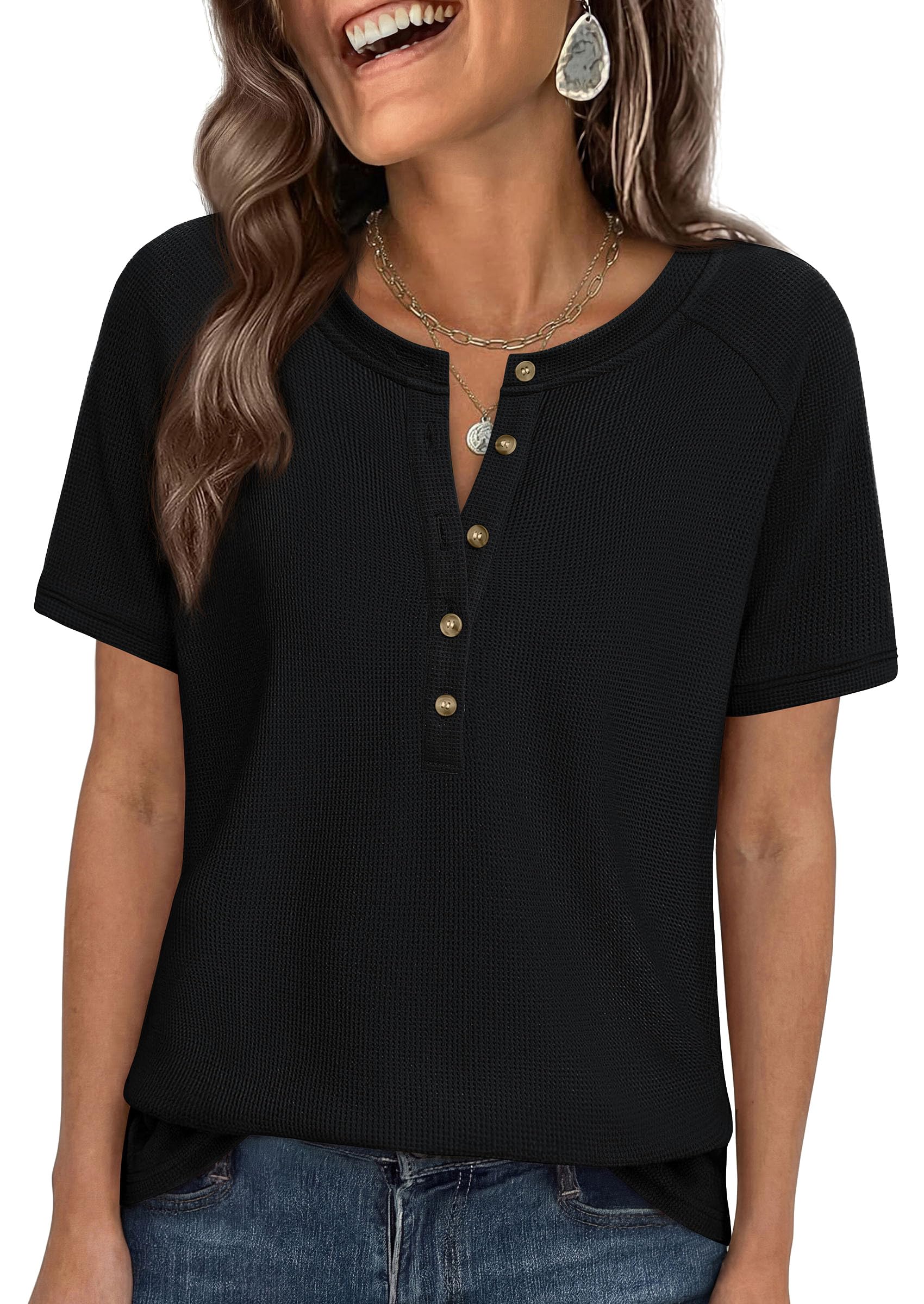PRETTYGARDEN Waffle Knit Tops for Women Short Sleeve Henley Shirts 2026 Summer Blouses Dressy Casual Spring Fashion Clothes — view 15