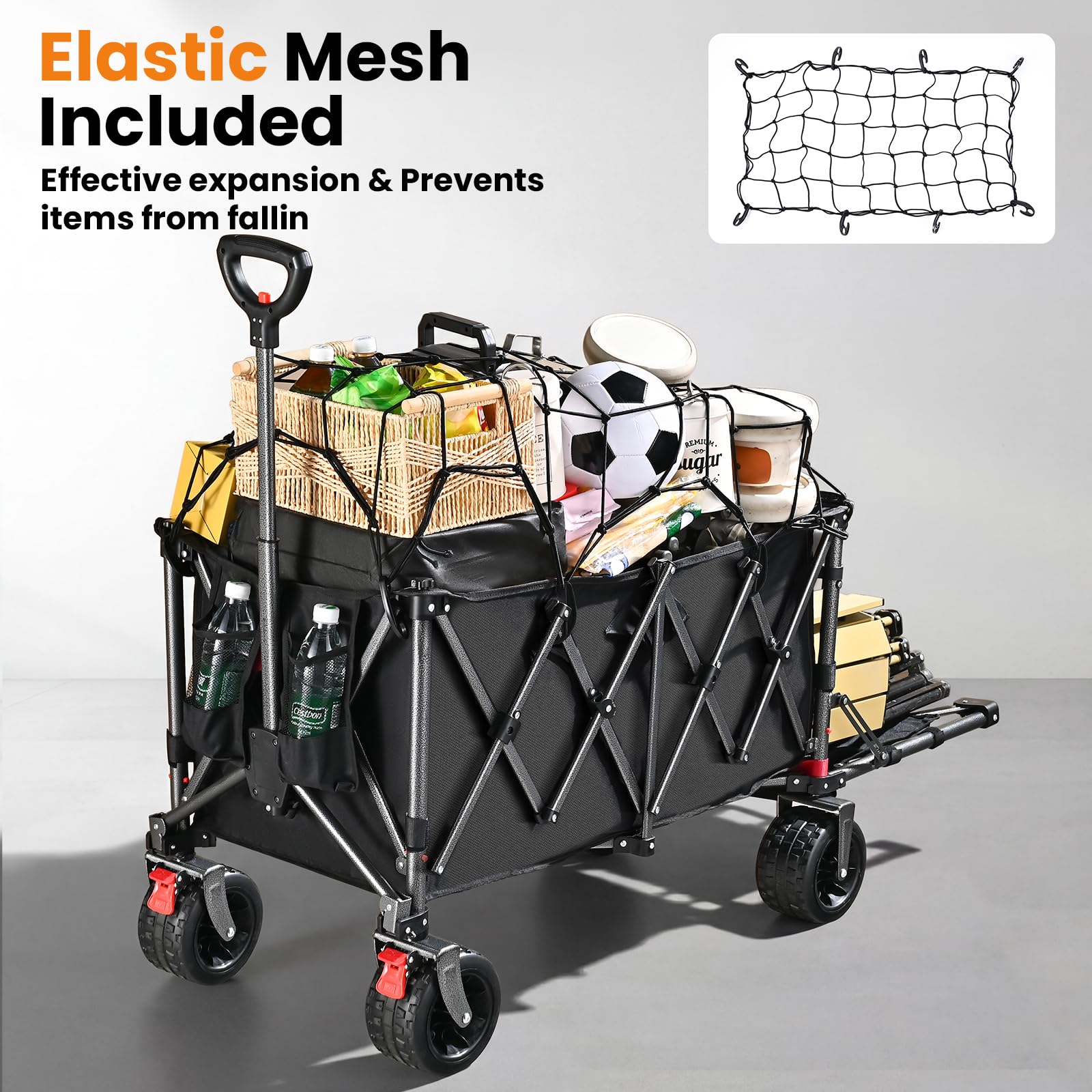 YEAUPE PRO Carrello Spiaggia 250KG, Carrellino con Ruote Grandi Girevoli a 360°, Tutti i Terreni, con rete elastica inclusa. Ideale per trasporto outdoor, prato e campeggio, 200-300L, Nero