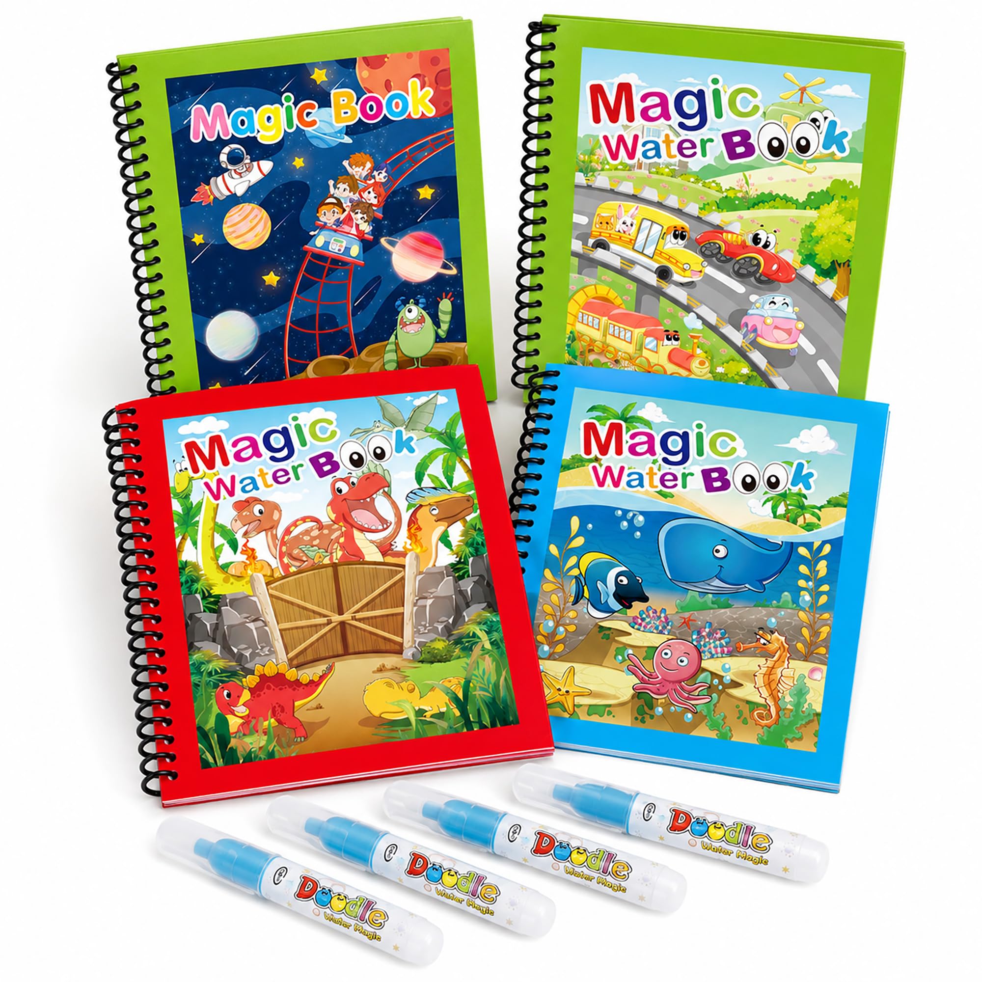 4 Pack Magic Water Colouring Books - 4 Refillable Water Pens for Travel