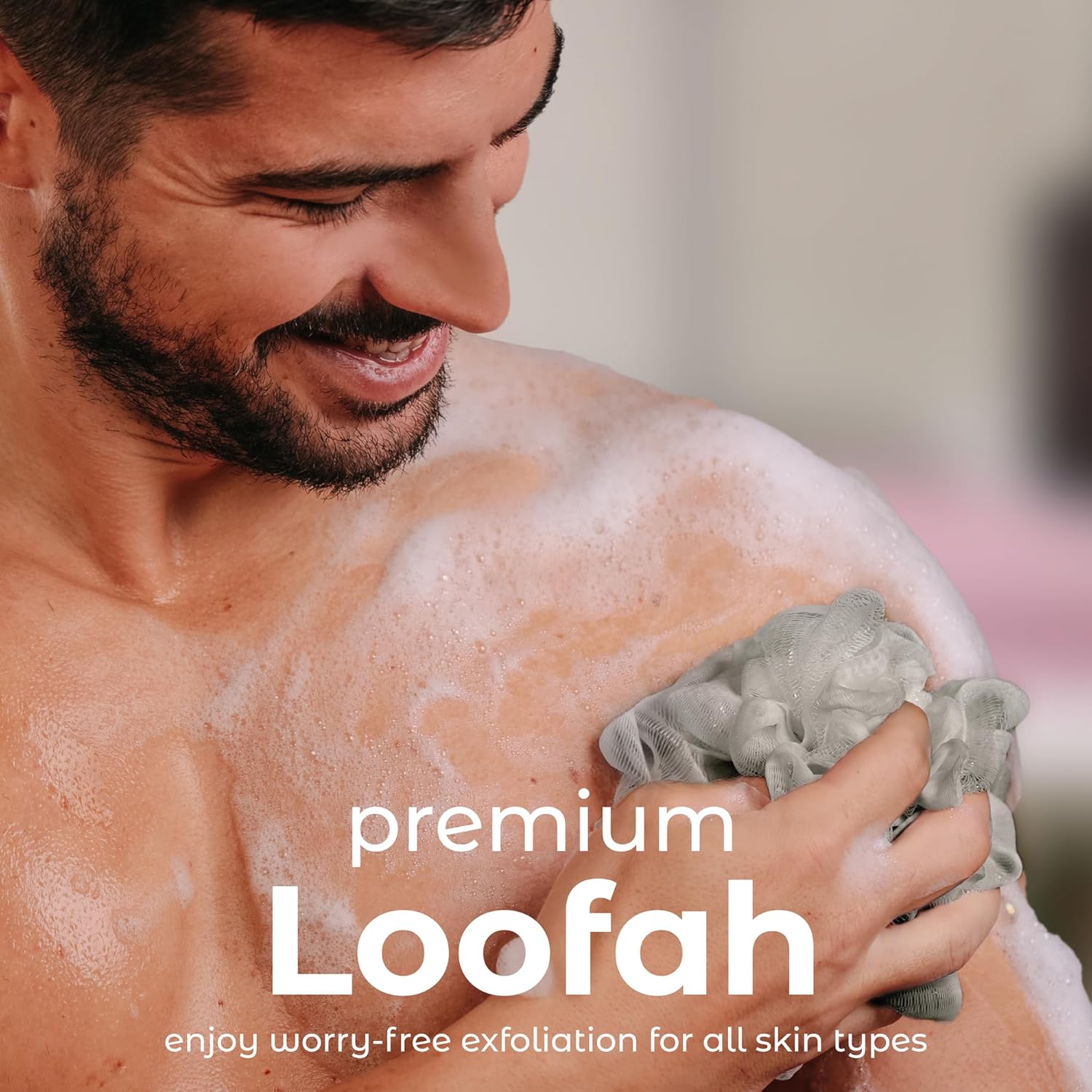 MainBasics Bath Shower Loofah Sponge Pouf Body Scrubber Exfoliator Body Wash Sponge (Set of 3, Totally Taupe) - Image 2