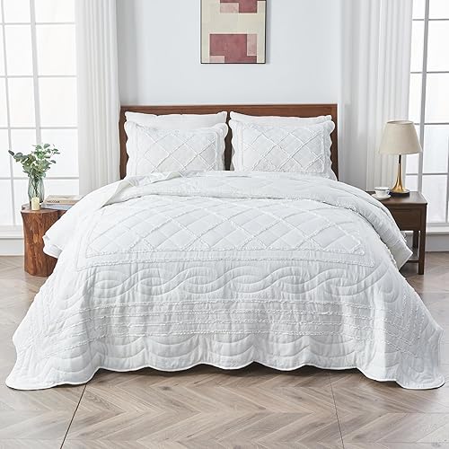 Miniatura 8 de Juego de edredón de retazos con volantes de 3 piezas, tamaño Queen, color blanco liso, reversible, juego de colcha acolchada, edredón ligero,