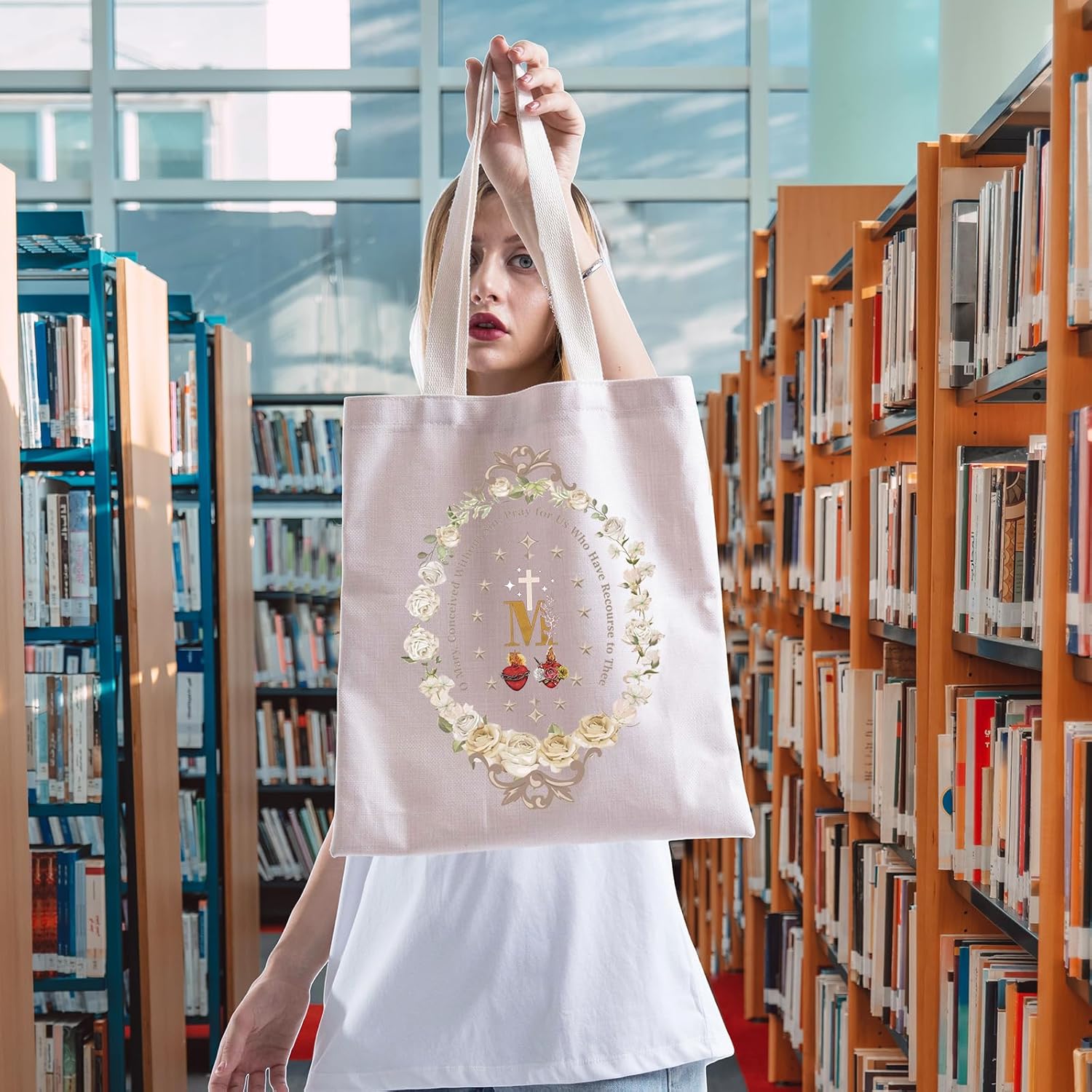 FOTAP Jesus Marian Catholic Miraculous Medal Tote Bag Religious Immaculate Heart of Mary Gift - Image 2