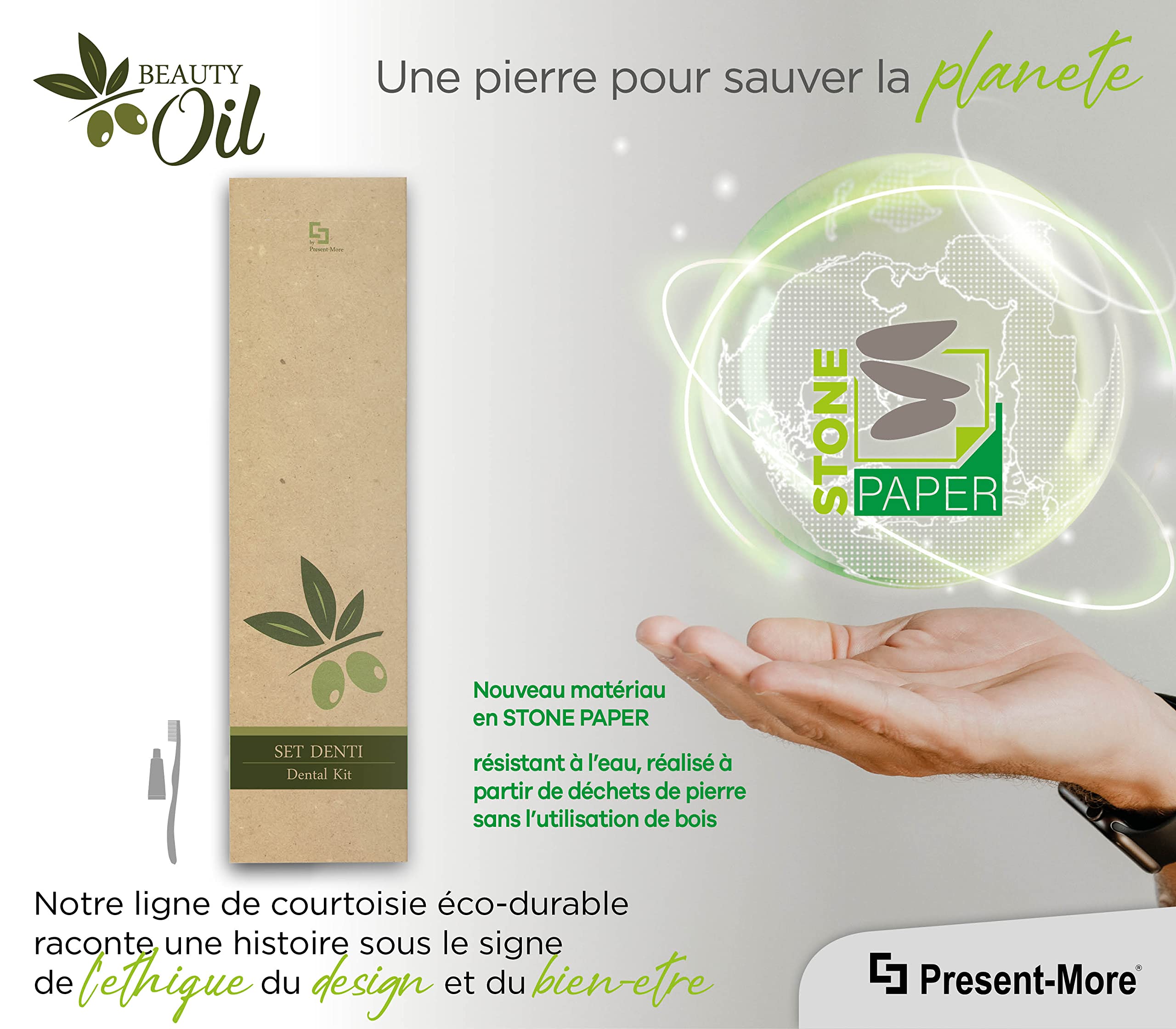 PRESENT-MORE - Brosse à Dents 100 Pièces - Ligne Beauty Oil - Kit Brosse à Dents et Dentifrice de 6ml - Emballage Écologique en Stone Paper - Idéal pour Hôtels et B&B
