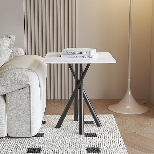 Miniatura 4 de Juego de 2 mesas auxiliares de mármol blanco, mesa auxiliar cuadrada moderna con parte superior de piedra sinterizada y patas de metal negro, mesa