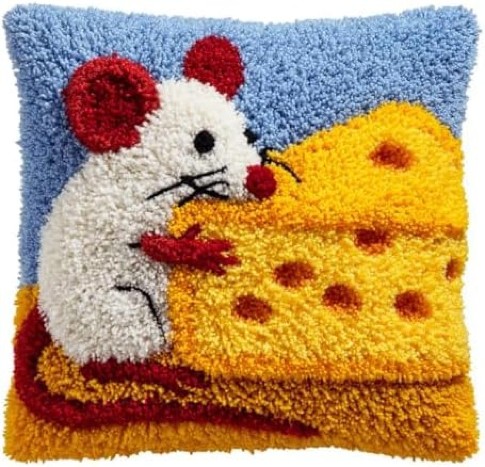kitphoenix DIY Latch Hook Cushion Kit Mouse and Cheese,Beginner-Friendly Rug Hooking Pillow Kit,Crochet Craft Cushion Cover for Home Decor,43x43 cm-4