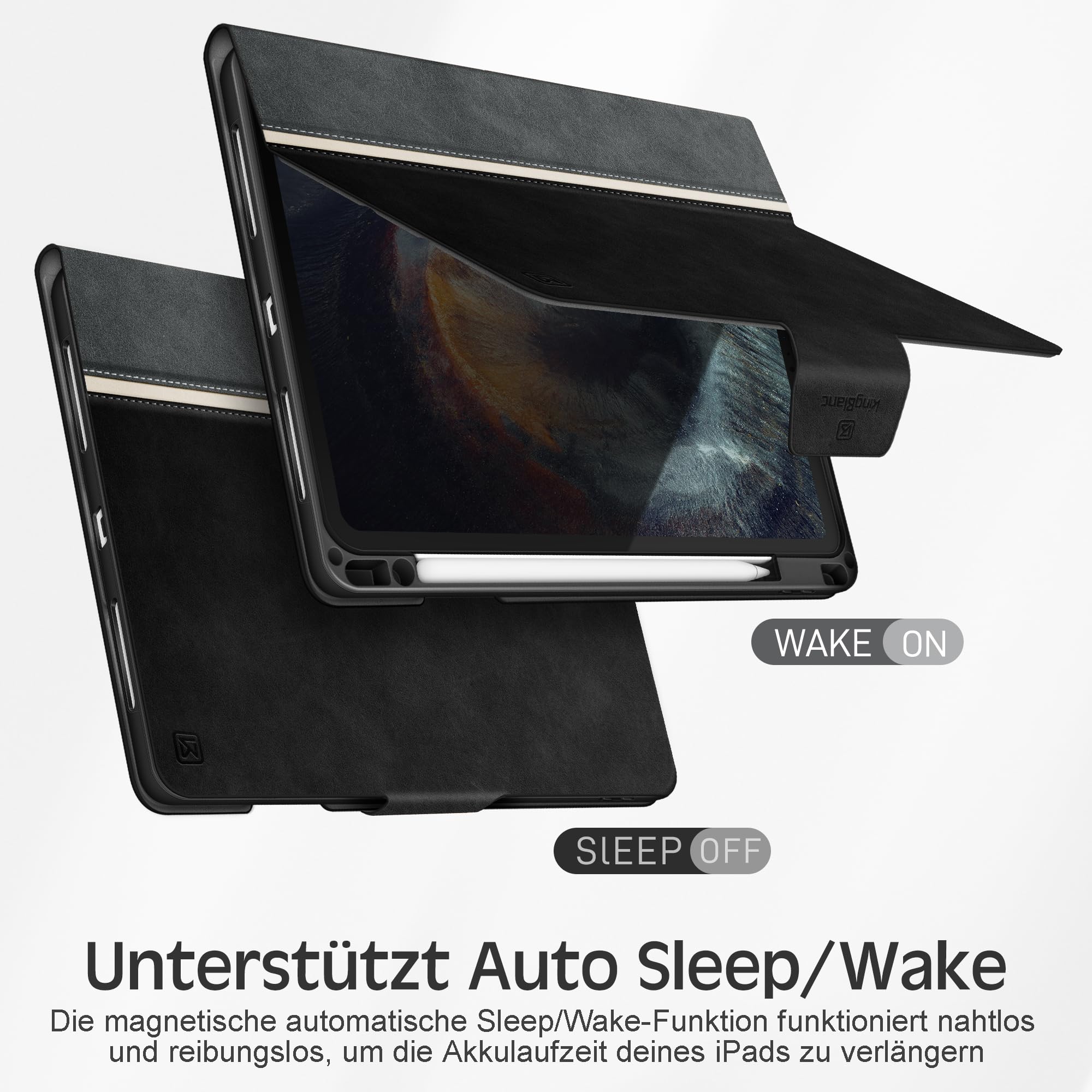 KingBlanc Hülle für iPad Pro 13 (M5 2025/M4 2024) Schwarz | Design im Notizbuchstil, Stifthalter, PU Leder, Verstellbarer Ständer, Auto Schlaf/Wach, Unterstützt Pencil Pro/USB-C