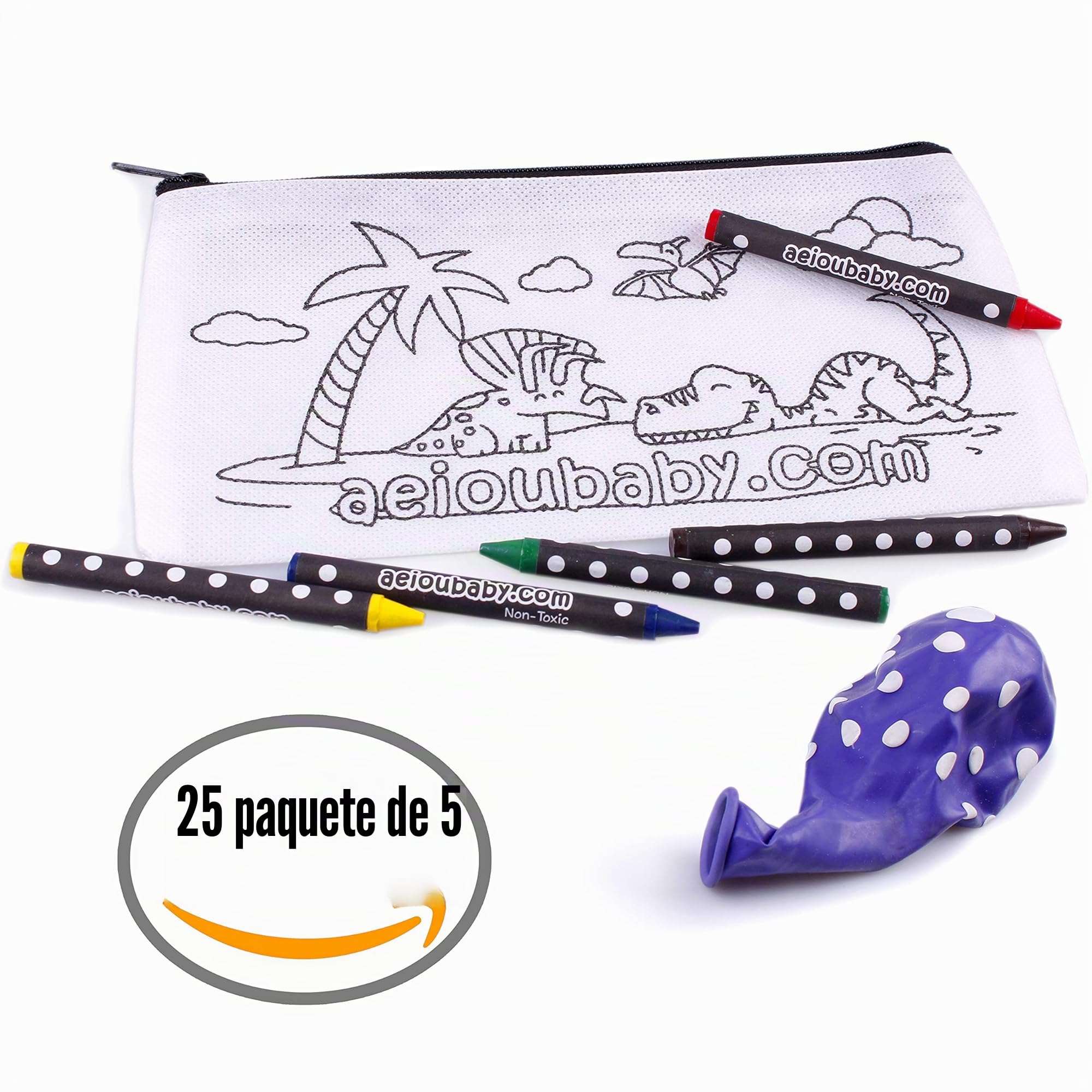 aeioubaby.com Estuches para colorear (Dinos) | 25 Bolsas individuales con 5 ceras de colores y globo. Incluye bolsa reutilizable | Regalos de cumpleaños y fiestas infantiles | Creatividad para niños