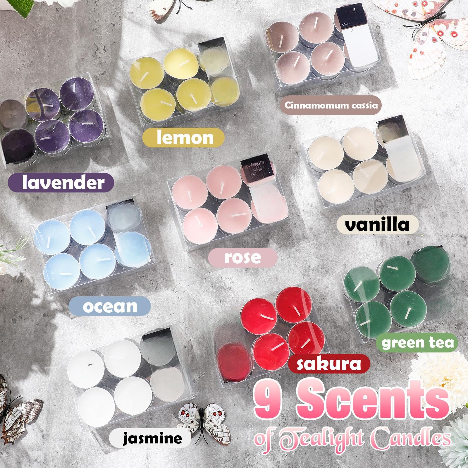 108 Stück Duft-Teelichter, 9 Düfte, Mini-Kerzen-Set, kleine Duftkerzen, Bulk, Lavendel, Vanille, Zimt, Rose, Zitrone, grüner Tee, Kirschblüte, Ozean und Jasmin