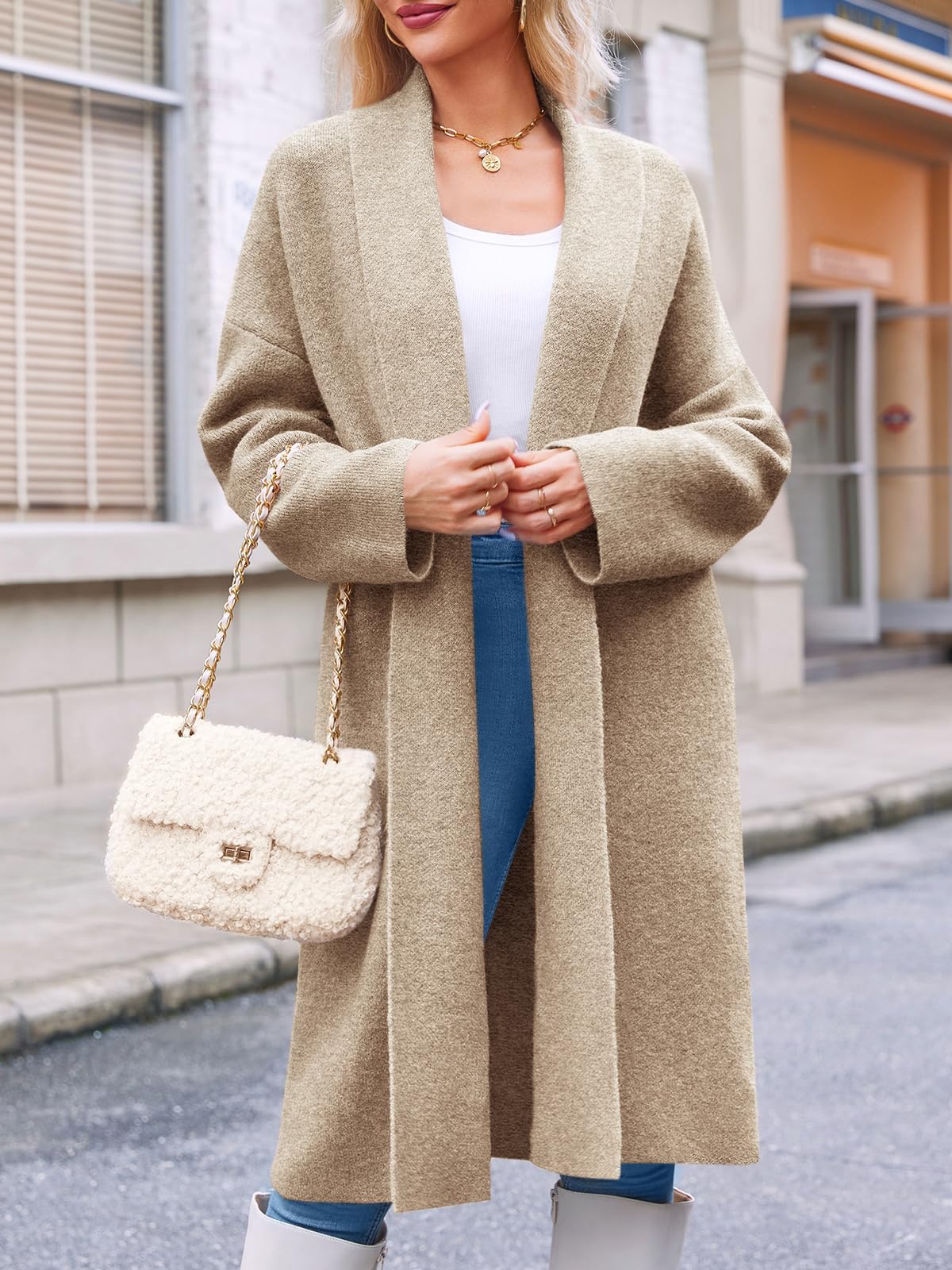 Cicy Bell Langer Damen-Strickjacke, grob, vorne offen, übergroßer Strickmantel, trendig, lässig, Strickjacken