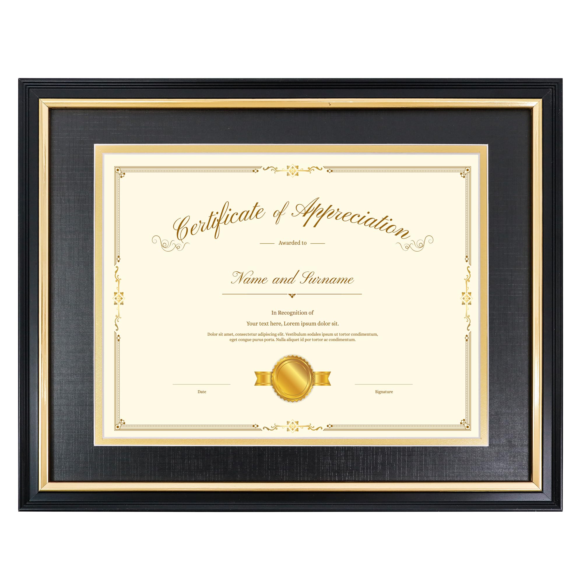 Hodeframe 11x14 Certificate Frame for 8-1/2x11 Diploma/Certificate/Document/Picture with Black and Gold Mat,8.5x11 Solid Wood Degree Frame, Real Glass?Wall Display and Tabletop