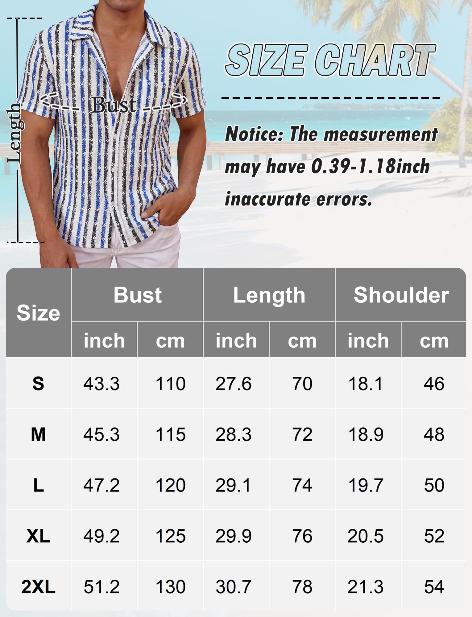 AIEOE Camicia hawaiana da uomo, effetto maglia, a righe, stile retrò, casual, con bottoni, colletto a risvolto, per le vacanze, per il tempo libero, taglie S-XXL