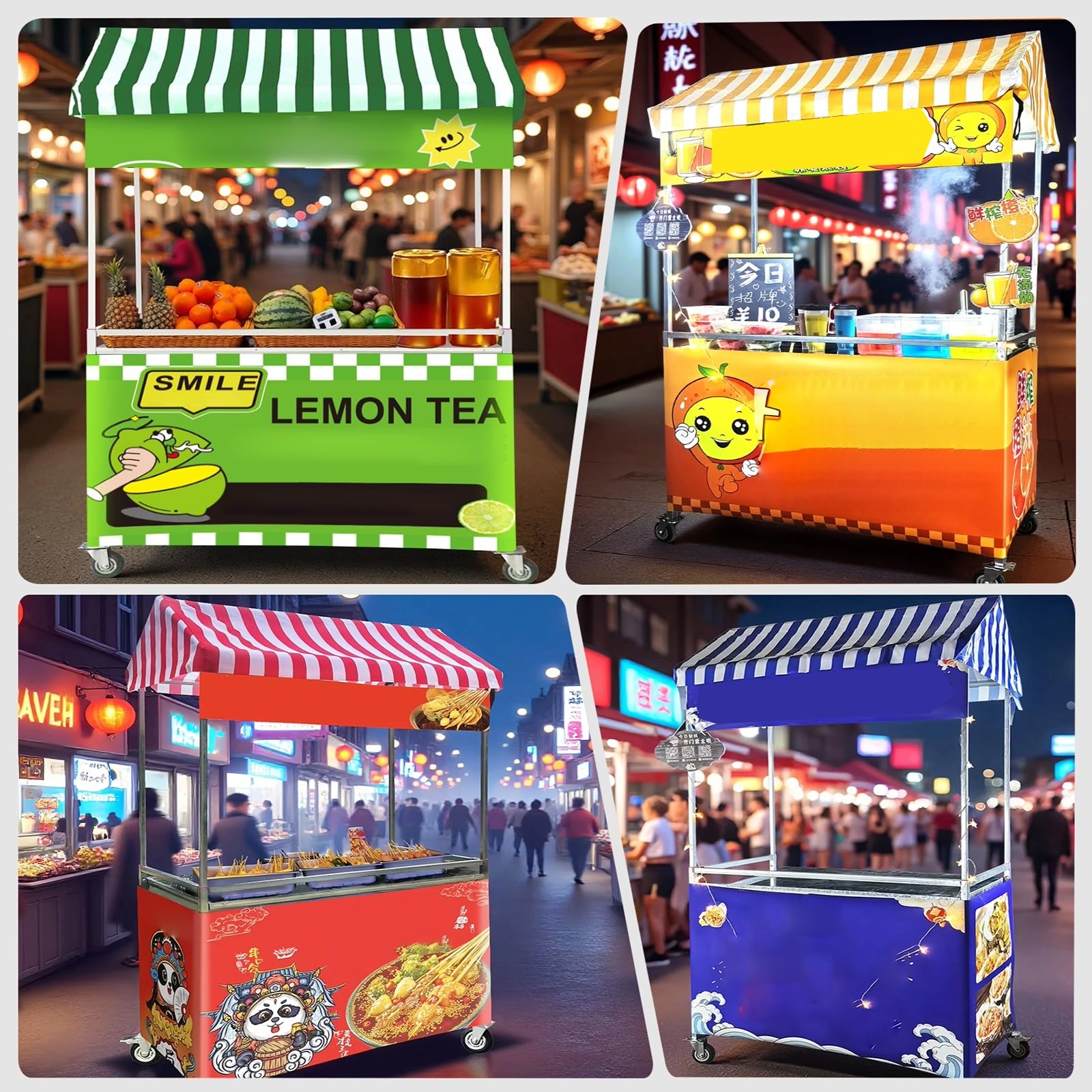 Marktstand Verkaufsstand Mobiler Verkaufswagen, Faltbarer Outdoor-Food-Cart Mit Gestreifter Markise, Doppellagigen Ablagen Und Feststellbaren Rollen, Für Märkte, Street-Food, Getränke & Events
