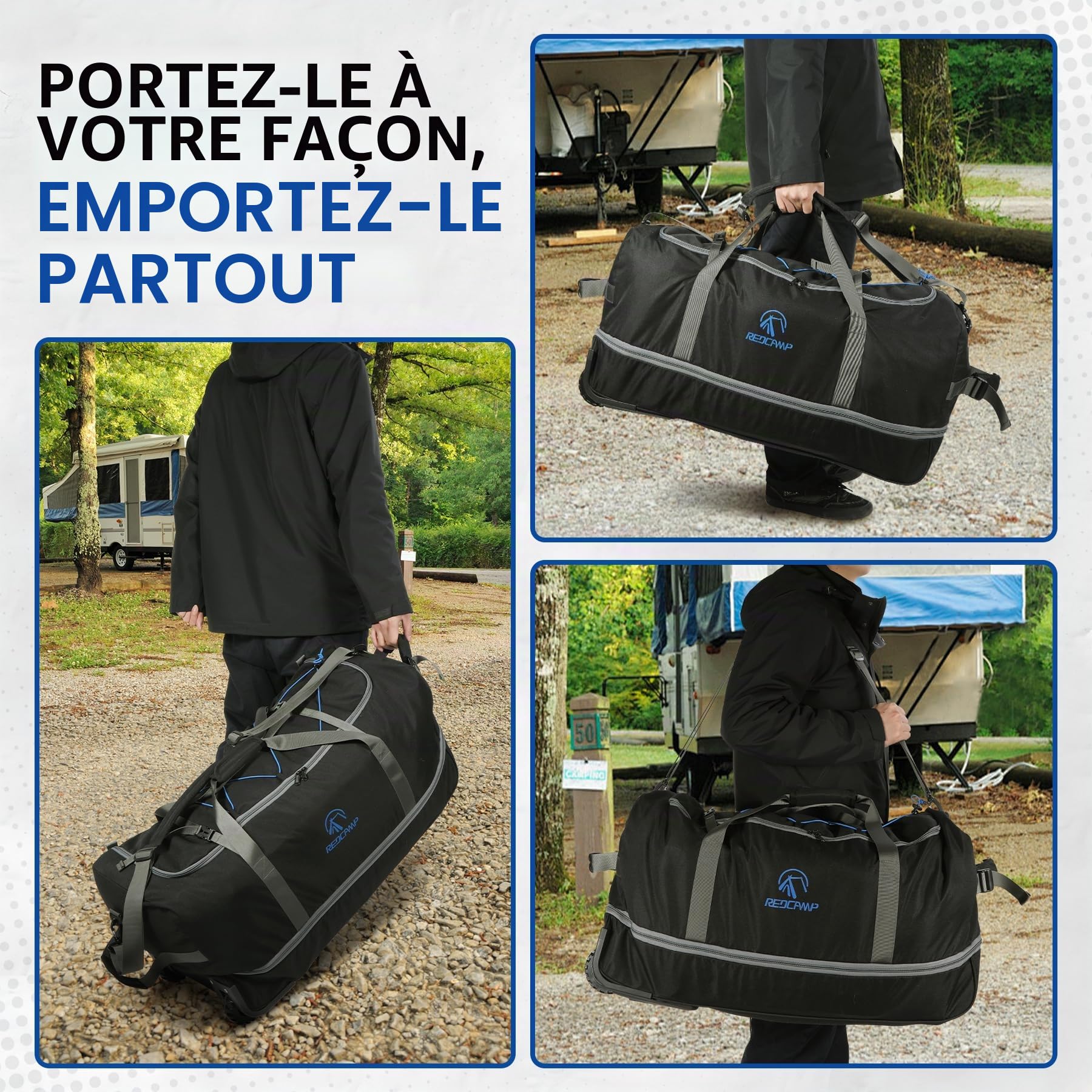 REDCAMP 110-140L Sac de Voyage à roulettes Extensible | Transport Main/Épaule/Traîné | sans Tige Télescopique - Pliable et Compact | Grand Sac Duffle pour Sport, Camping, Randonnée, Voyage - Noir