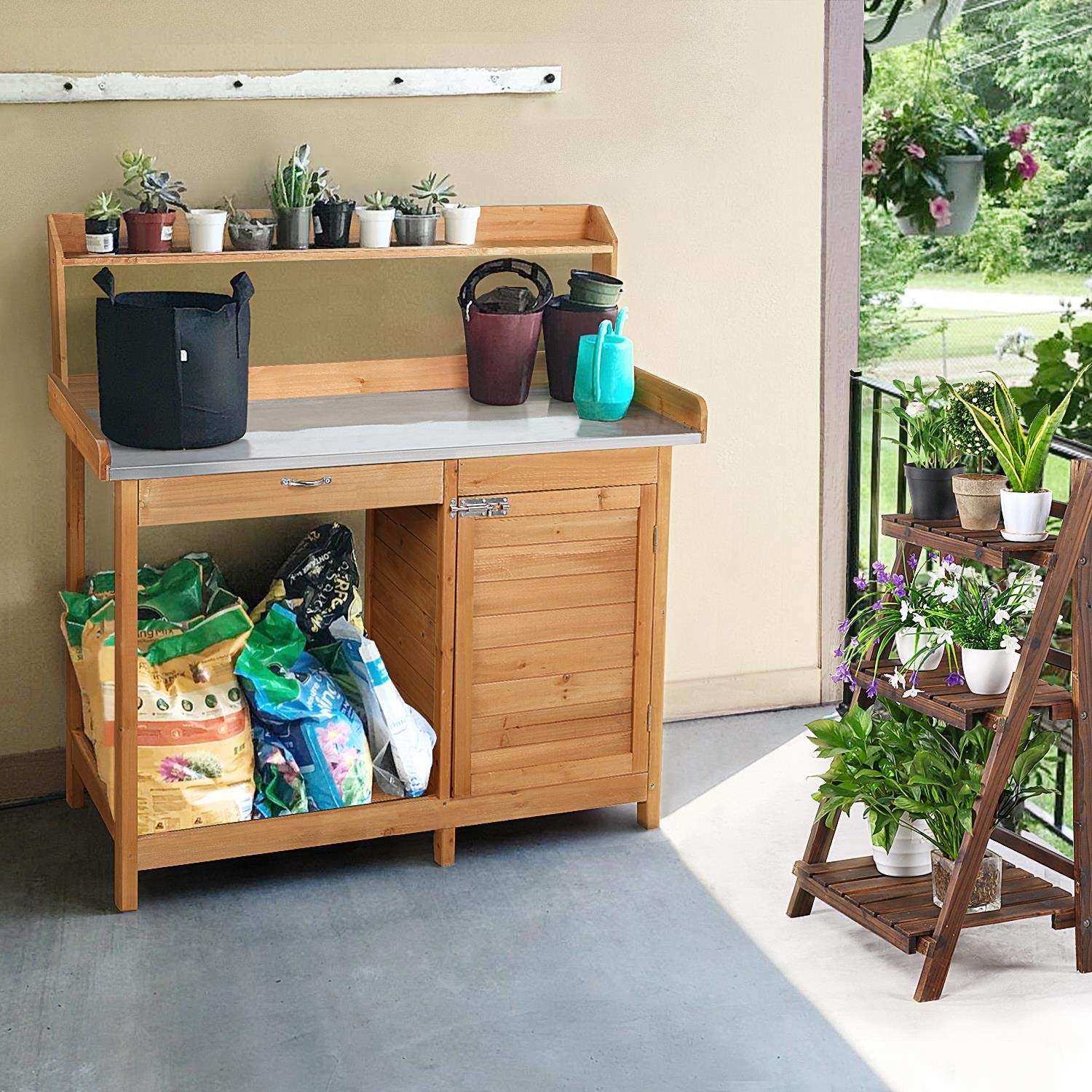Yaheetech Gärtnertisch 112 x 46,5 x 125 cm Pflanztisch mit verzinkter Arbeitsplatte Schublade Unterschrank, Garten Arbeitstisch aus Holz, Blumentisch Hellbraun