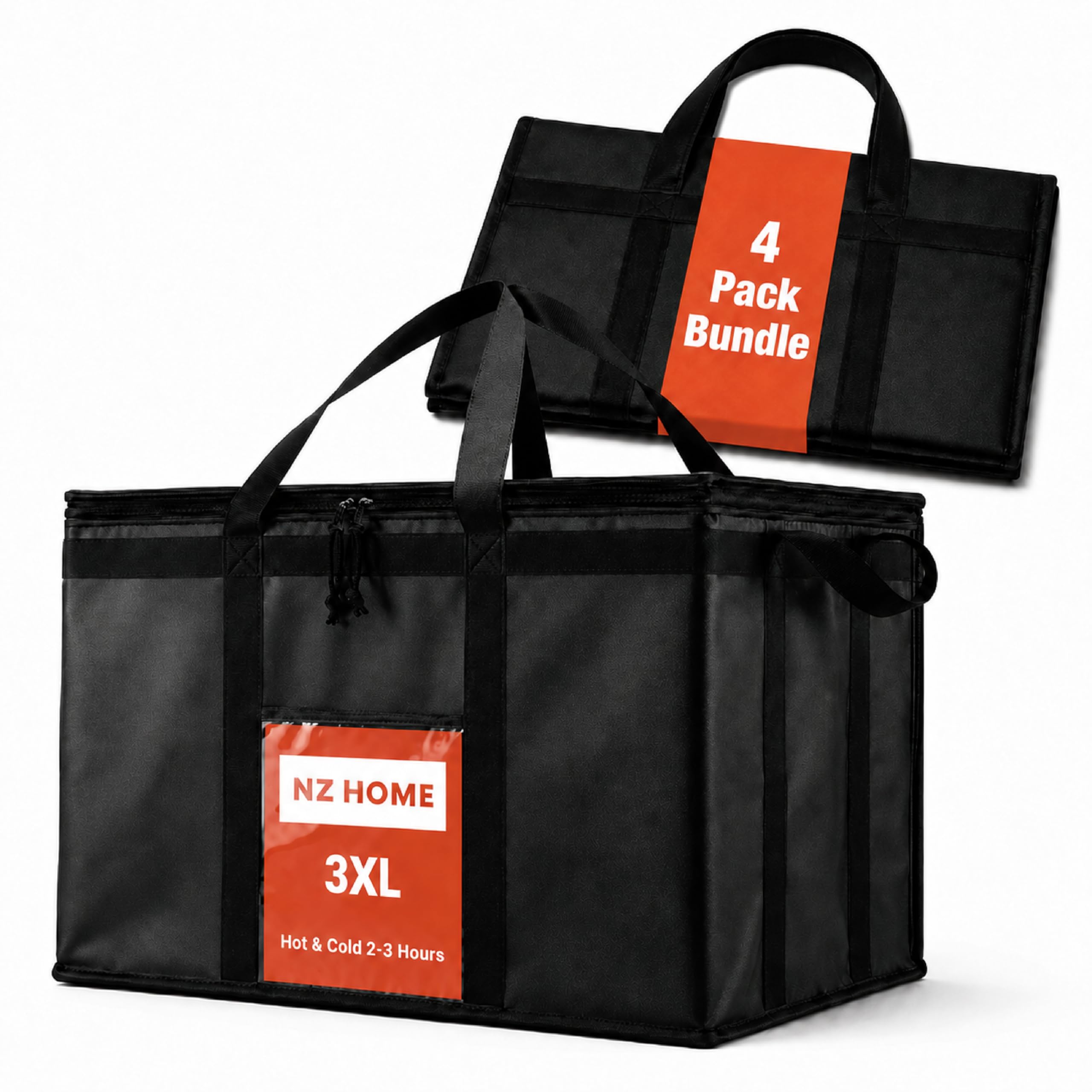 NZ home Insulated Food Bag, Portable Cooler Tote (3XL, Black, 4 Pack)