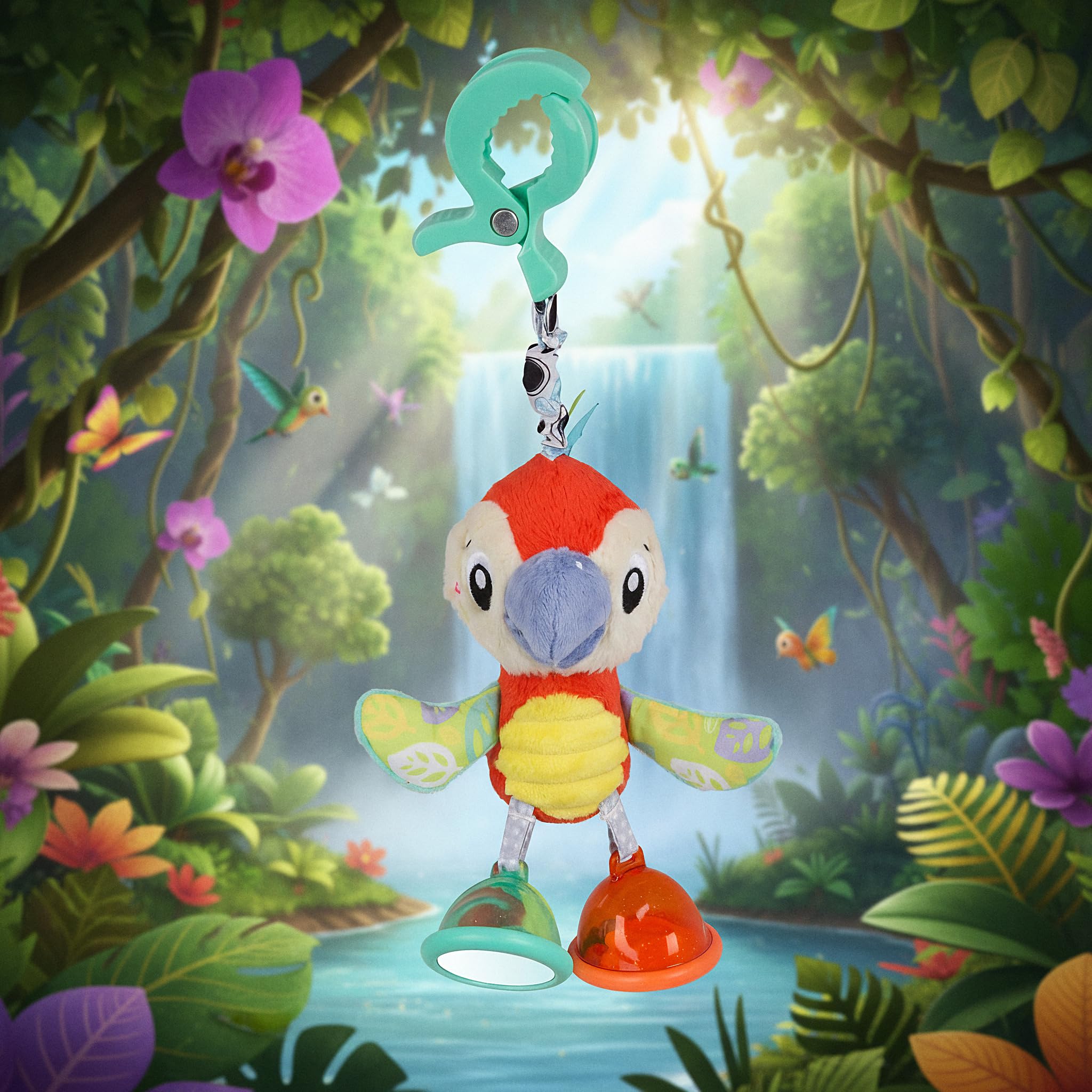 Playgro Dingly Dangly Mio Macaw Baby Toy - Interactive Sensory Development Toy, Crinkle Wings, Teether Foot - Easy Attach Clip - Infant Play Essential, Vibrant Colors