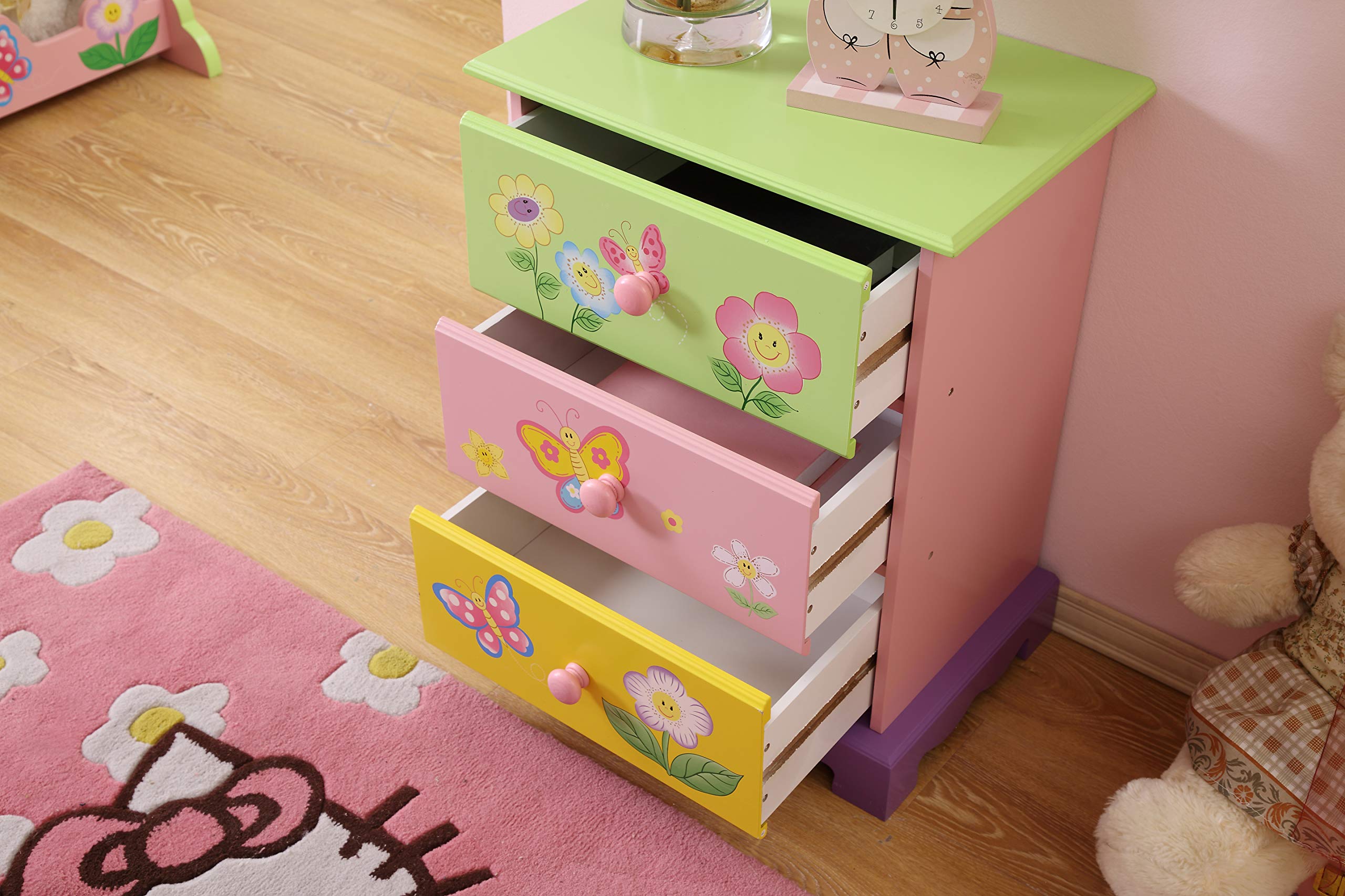 Kinder Schubladen | Mädchen Kommode Schlafzimmer | Aufbewahrungsboxen für Kinder, mit Schmetterlingsblumen-Gemälden, Rosa, Grün, Gelb, Lila (Kommode)