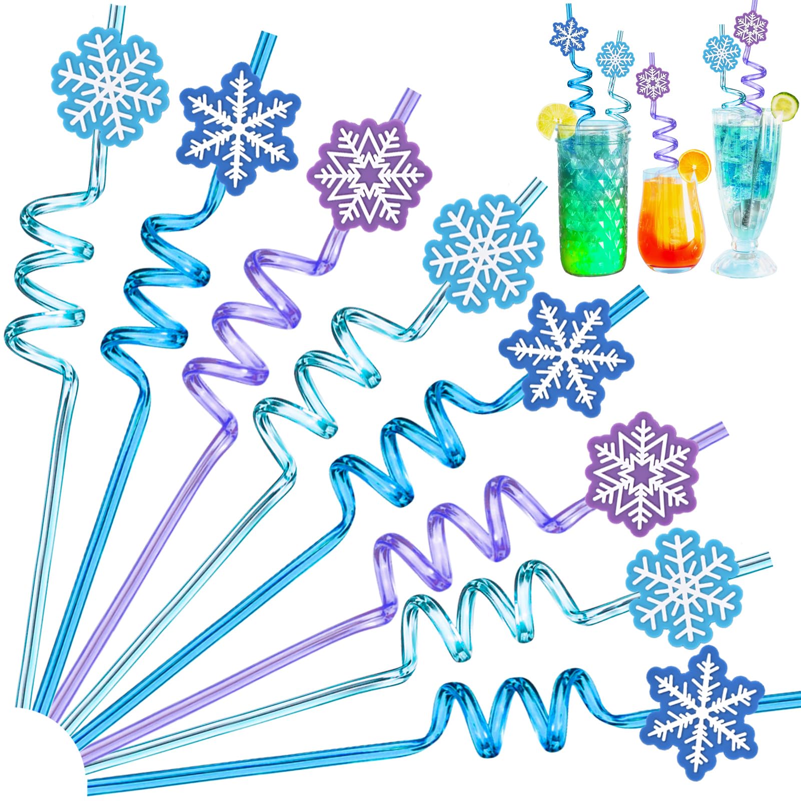 Winrayk Frozen Party Favors for Kids, 24Pcs Snowflake Straws Drinking Plastic Reusable Straws Bulk & Detachable Topper, Summer Pool Beach Winter Christmas Pinata Filler Frozen Birthday Party Supplies