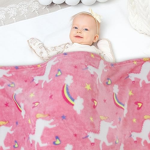 Viviland Manta para niños, manta con estampado de unicornio para niñas, cálida y ligera, manta de vellón de unicornio rosa para sofá, silla, cama,