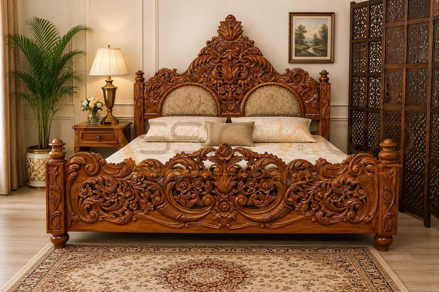 CLASSIC WOOD & CRAFT Luxury Handicrafts King Size Wooden Bed Frame with High Headboard & Footboard | Classic Design | Sturdy Construction | Bedroom Furniture | No Mattress Included (Design-7)-image-38