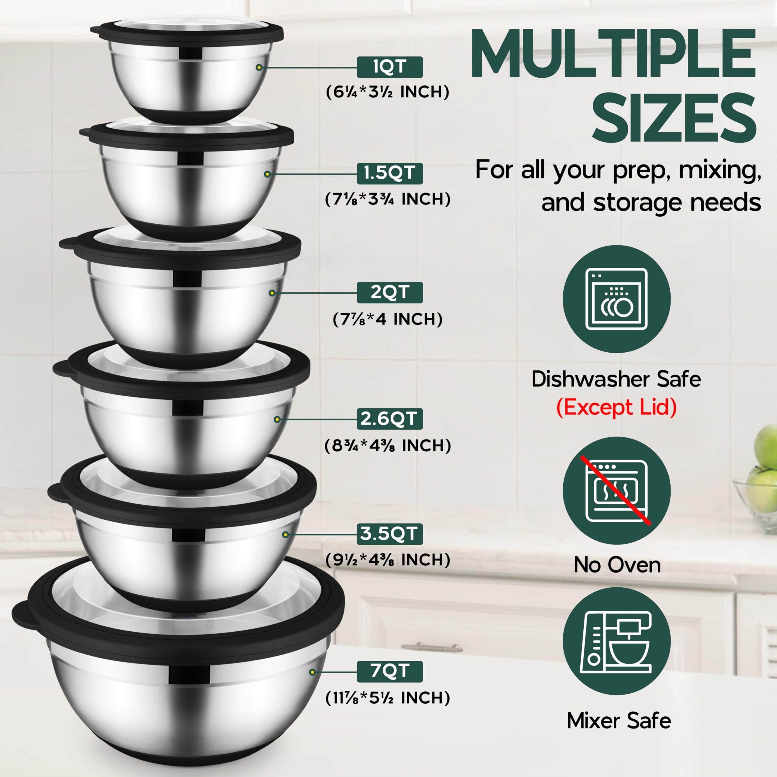 Onader Rührschüsseln mit Deckel 6er Set für Küche Edelstahl Metall Nistschalen mit rutschfestem Boden Schwarz - Größe 1, 1,5, 2, 2,6, 3,5, 7QT