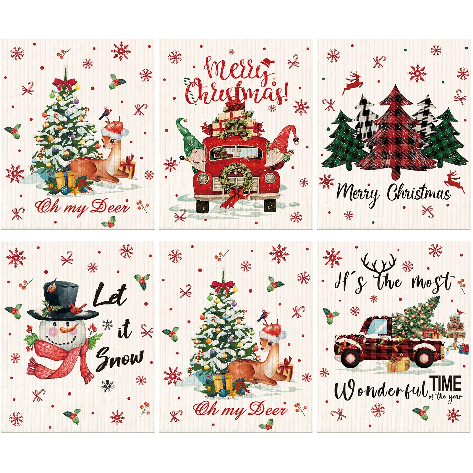 6 Pieces Christmas Swedish Kitchen Table Dishcloths Reusable Christmas Dish Towels Absorbent Cleaning Cloth Fast Dry Kitchen Dishcloth with Santa, Snowman, Christmas Tree, Deer for Kitchen Cleaning