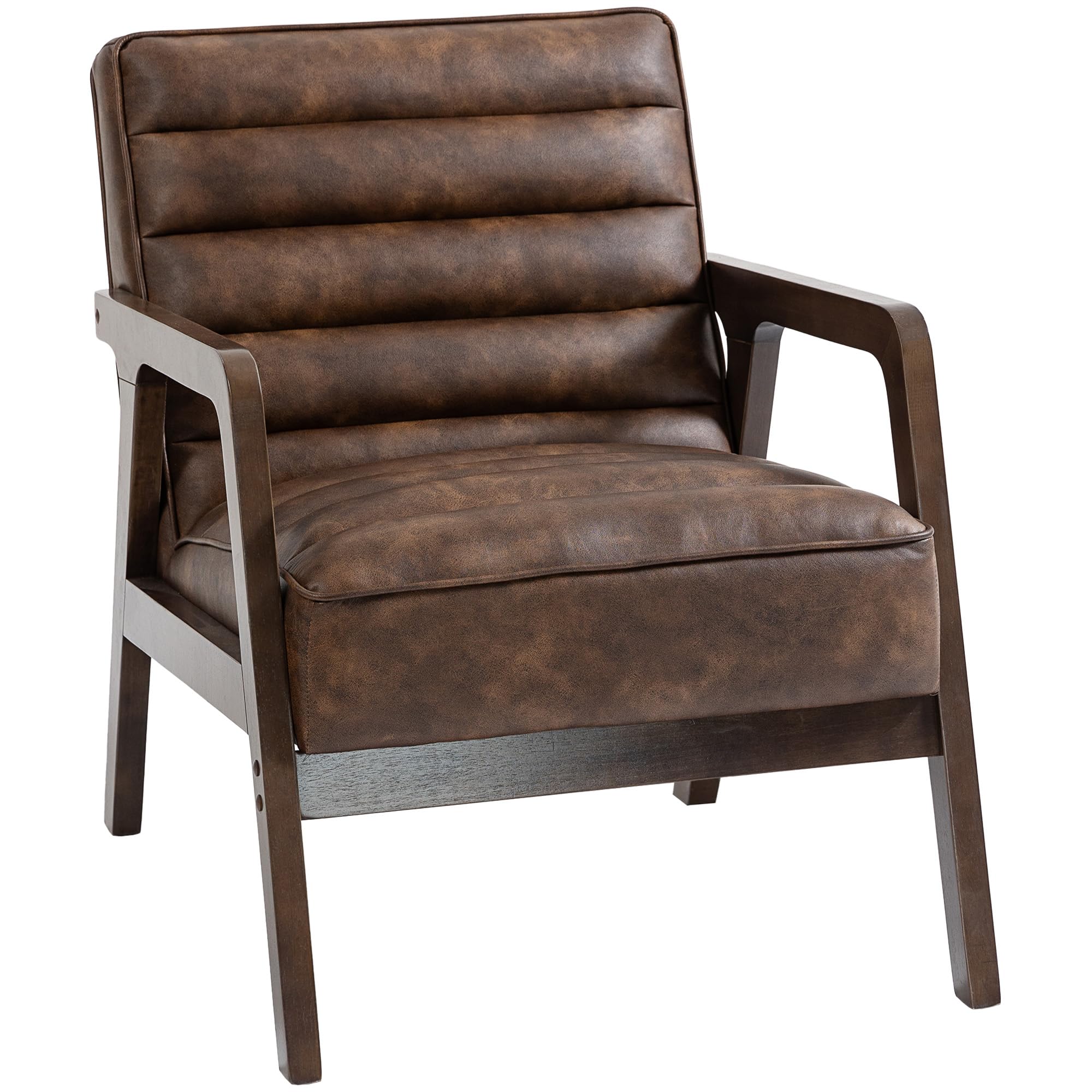 HOMCOM Butaca de Salón, Tapizado en PU, Sillón Lectura con Marco de Madera Maciza, Asiento Acolchado, Asiento Amplio, Butaca para Sala de Estar, Dormitorio, Marrón